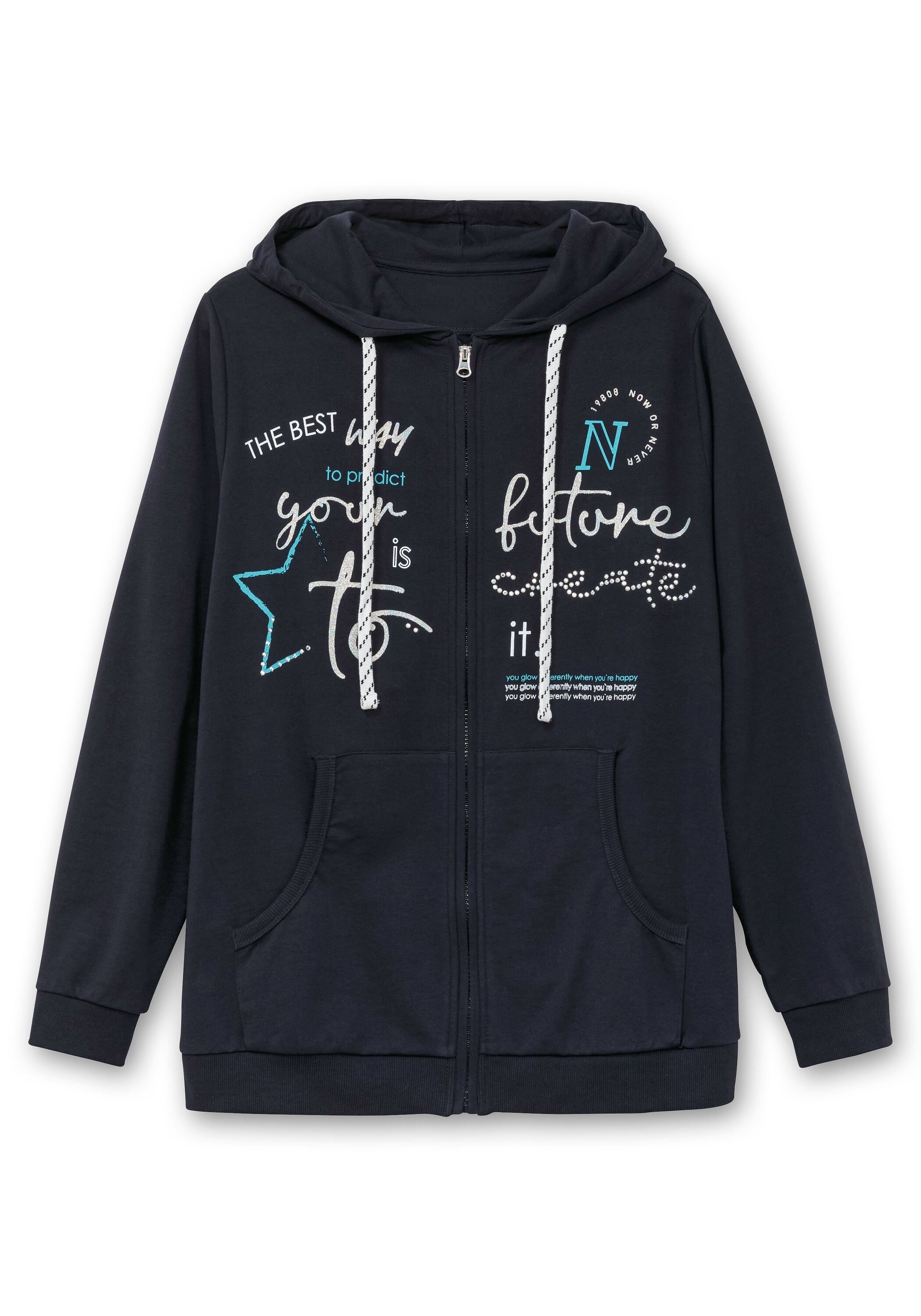 Sheego Kapuzensweatjacke »Sweatjacke mit Print und Kängurutasche«, mit Print und Kängurutasche
