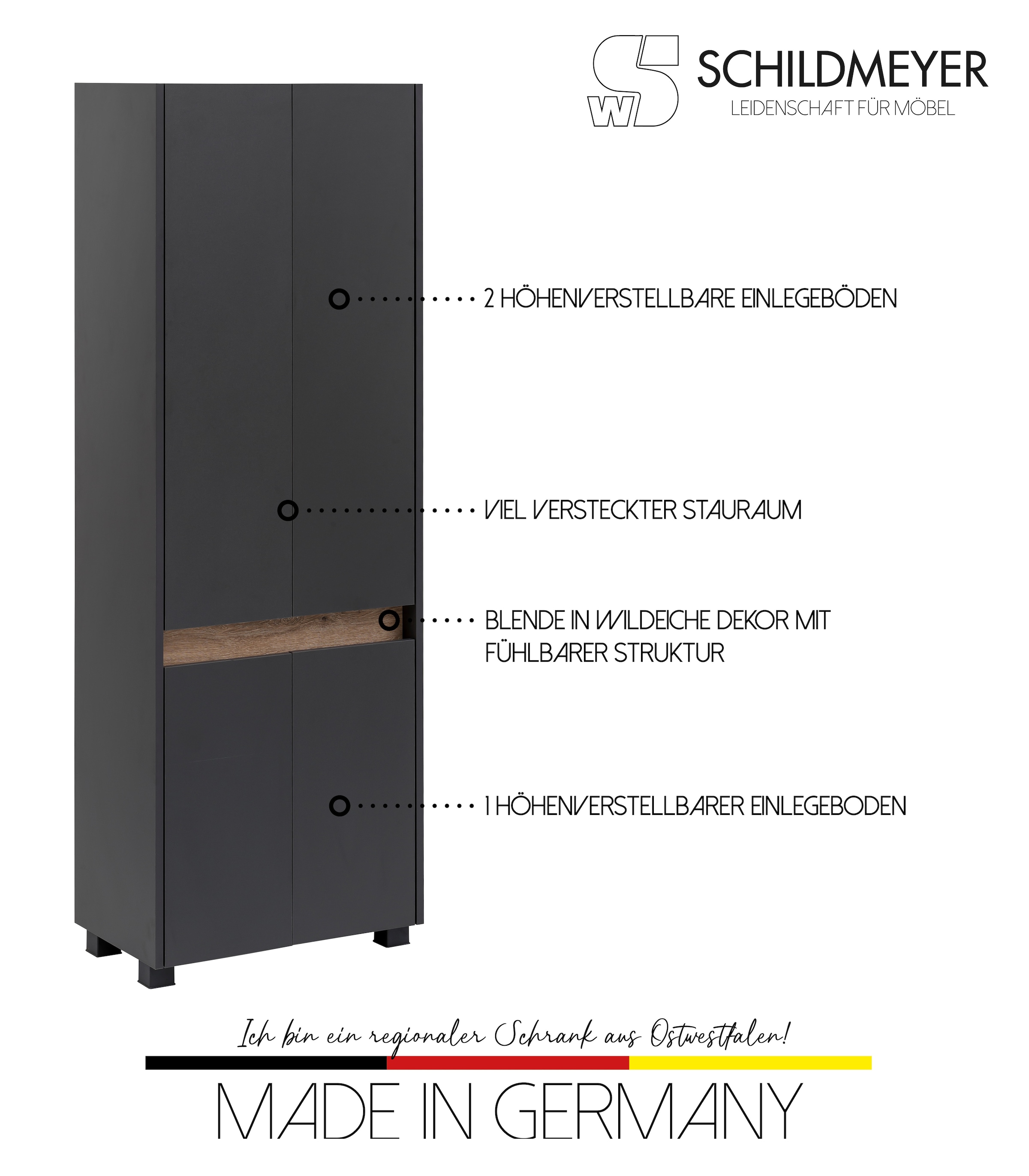 Schildmeyer Hochschrank »Cosmo in verschiedenen Farben made in Germany«, Breite 57 cm, Badezimmerschrank, Blende im modernen Wildeiche-Look
