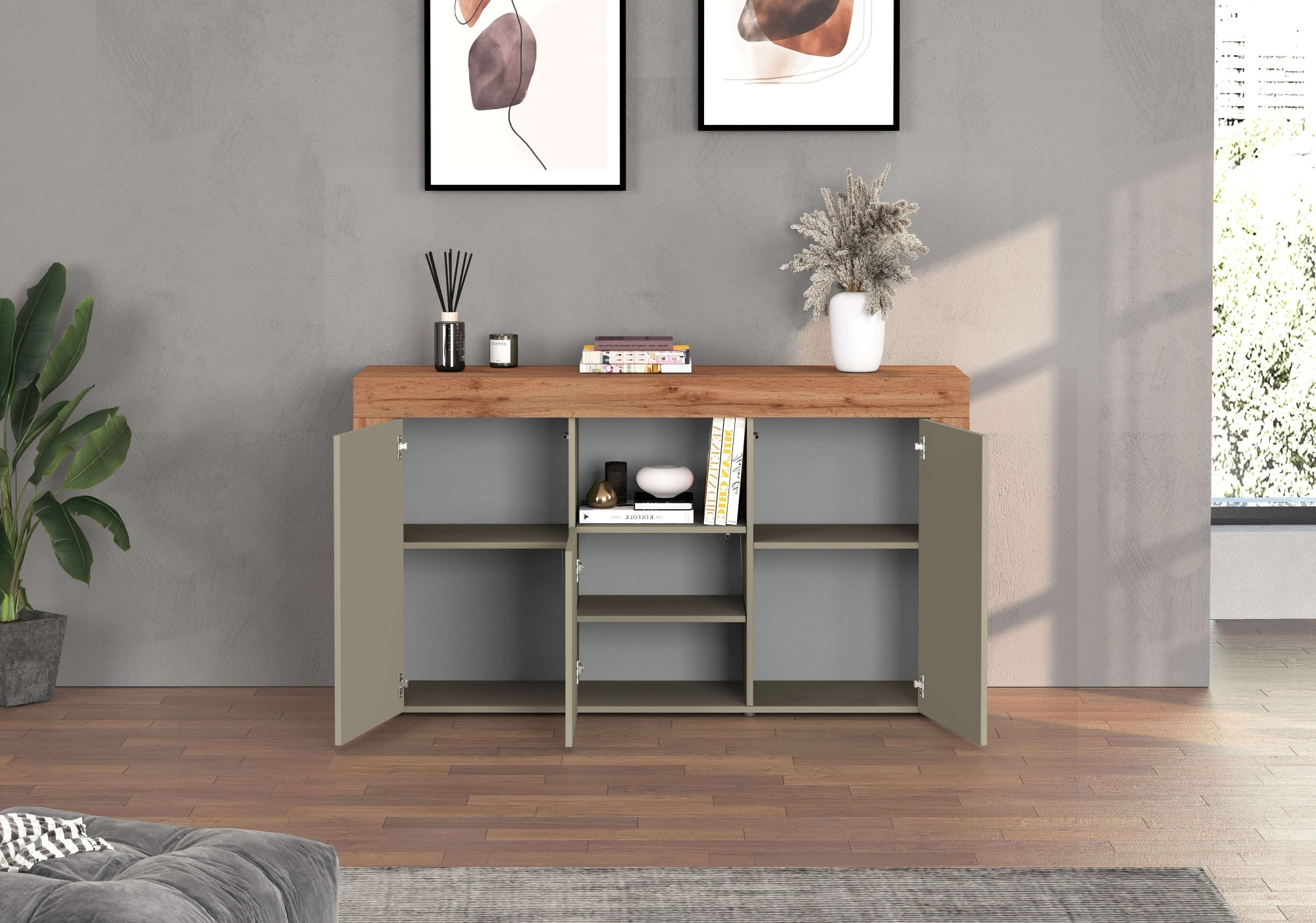 INOSIGN Sideboard »CHRONOS Breite 155 cm mit 3 Türen, 1 offenes und 6 geschlossene Fächer«, (1 St.), Sideboard,Kommode, Schrank, Grifflos mit Push to Open, Made in Italy
