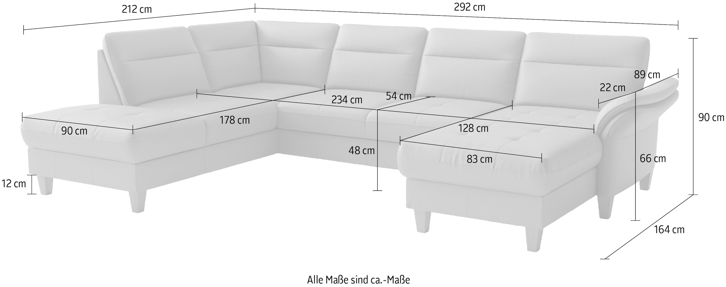 sit&more Wohnlandschaft »Pamela U-Form, B: 292 cm, optional Schlaffunktion & Bettkasten, Leder« wahlweise mit Armteilverstellung, Sofa mit Federkern, Sitzhöhe: 48 cm