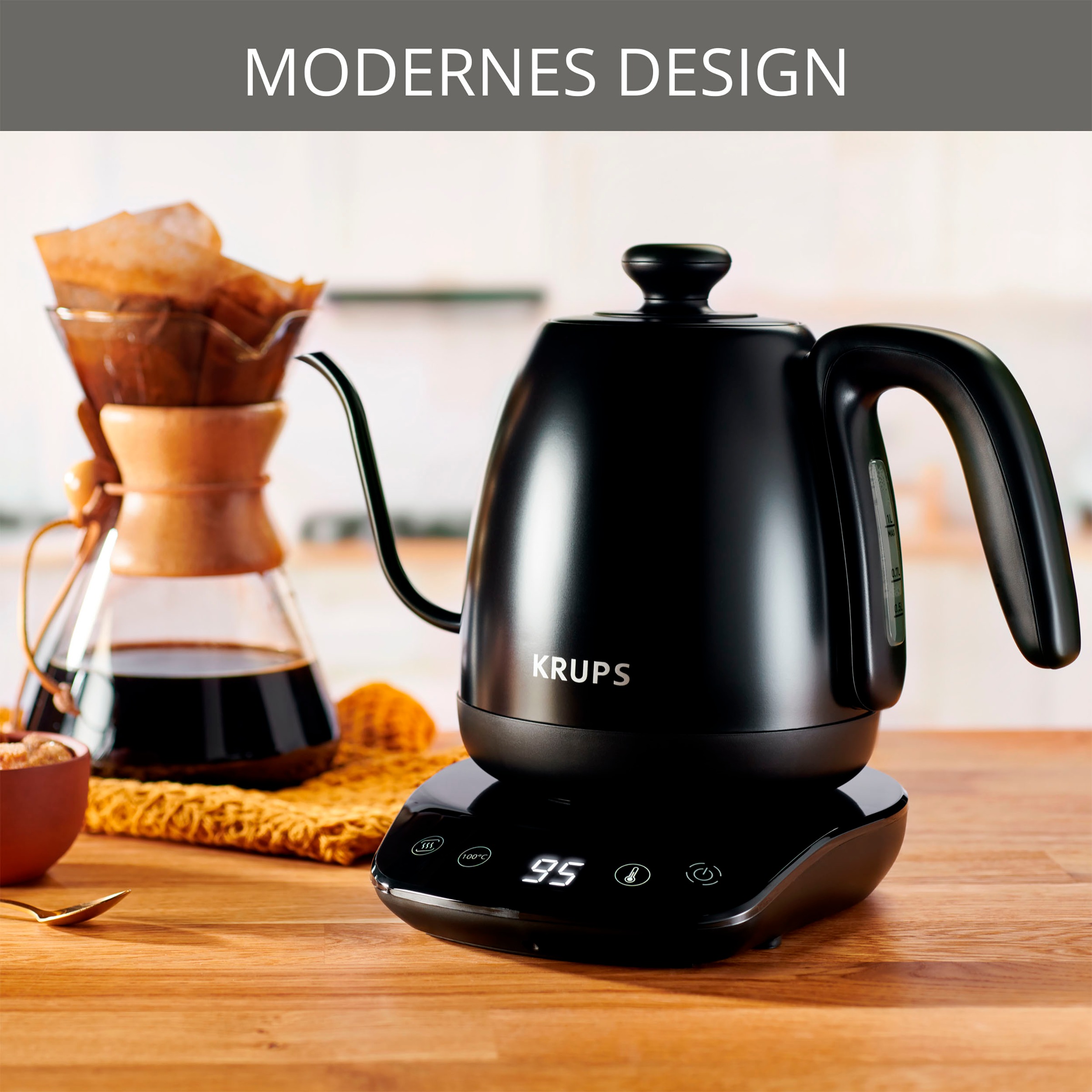 Krups Wasserkocher »BW9238 Café Control Gooseneck«, 1 l, 1200 W, Schwanenhals-Auslauf, 1 L, digitale Anzeige, 8 Einstellungen