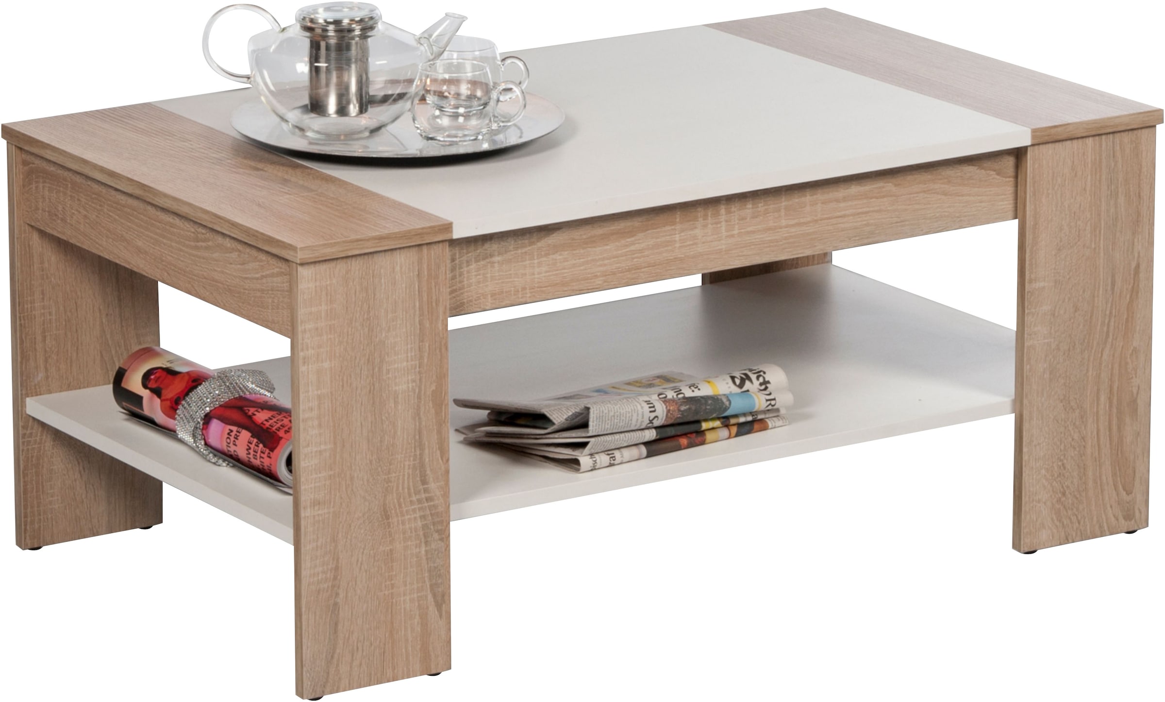 Stolkom Couchtisch »Finley mit Ablageboden, Eiche Sonoma Weiß, BxHxT 100x44x58 cm«, (Couchtisch), Schubladenfront mit Lamellen-Optik, Couchtisch rollbar