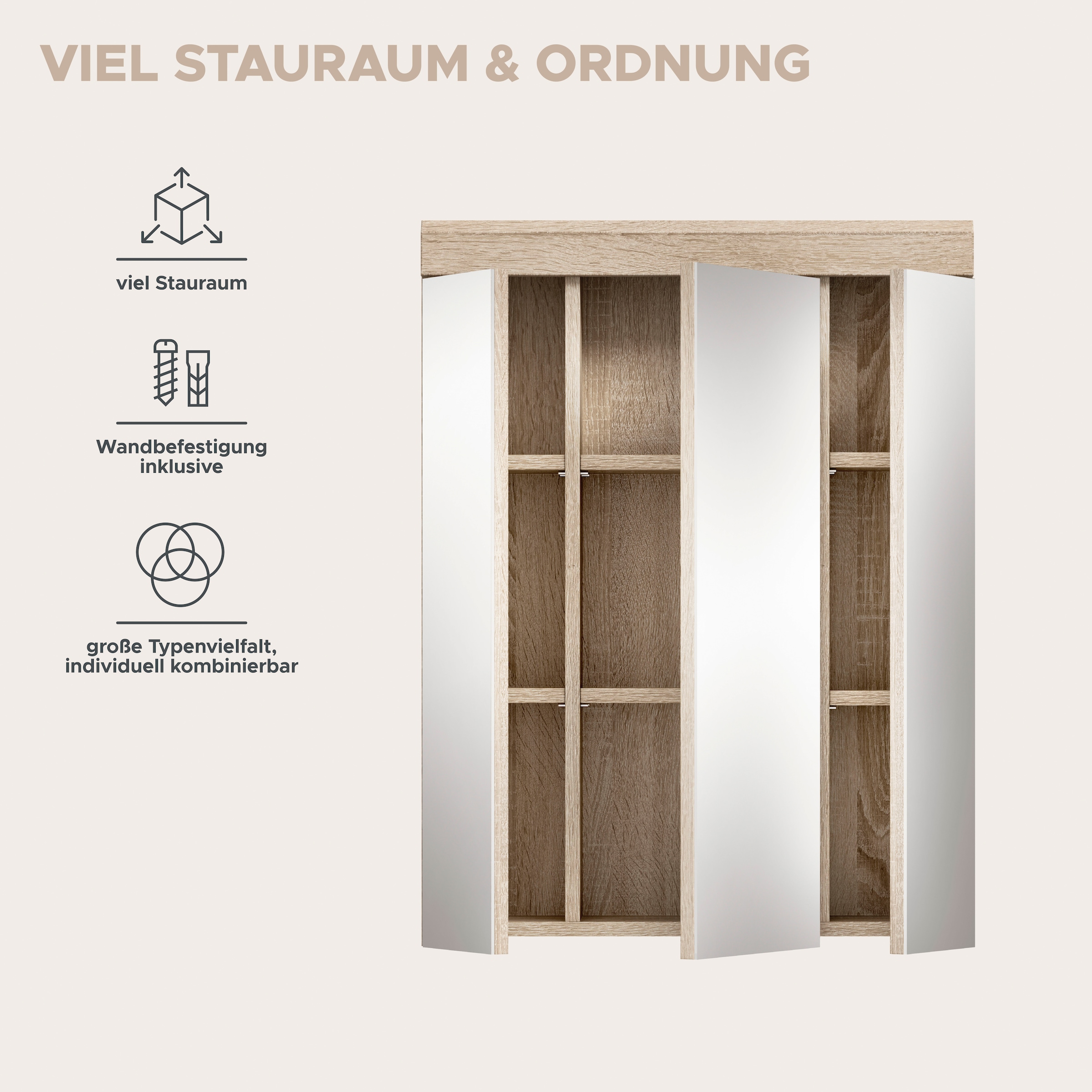 welltime Badezimmerspiegelschrank »SIENA, Breite 60cm, 3 Spiegeltüren, 9 Fächer, 6 Einlegeböden« TOPSELLER!, 1 Stk. tlg. in verschiedenen Farben erhältlich, Badmöbel, Spiegel, Badschrank, Bad