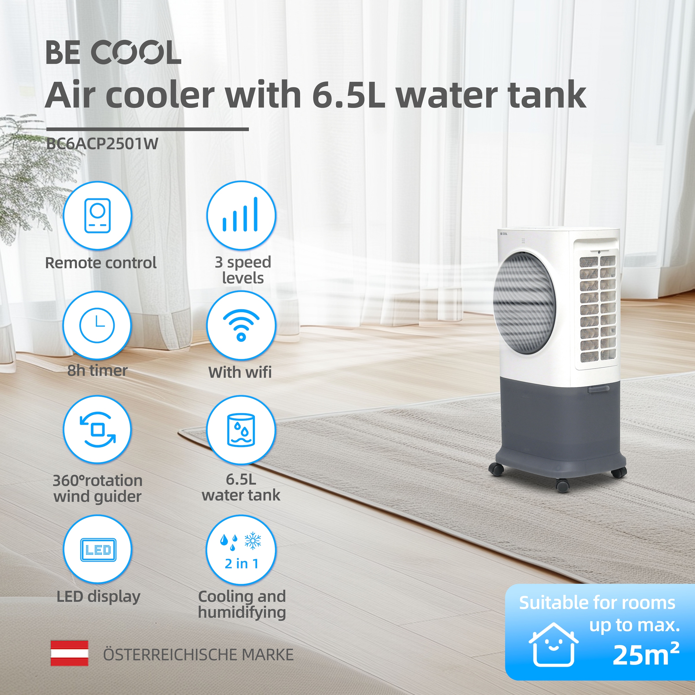 be cool Ventilatorkombigerät »Premium Luftkühler mit mit Wifi und 6,5l Wassertank«, abnehmbarer Wassertank, von oben befüllbar, WiFi