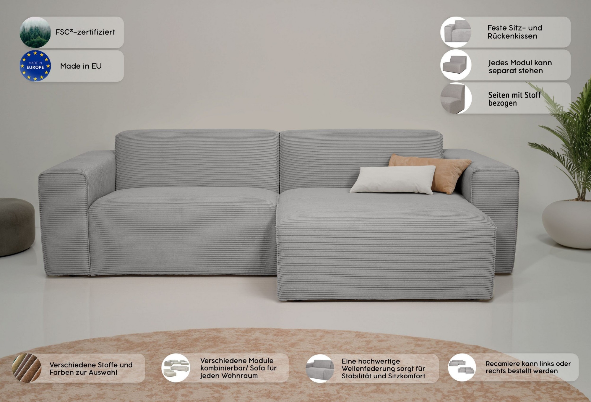 INOSIGN Ecksofa »Koa,228cm, L-Form, Modulsofa, Webstoff, Cord«, Designsofa, Set, Hocker inklusive, weicher Lounge-Sitzkomfort
