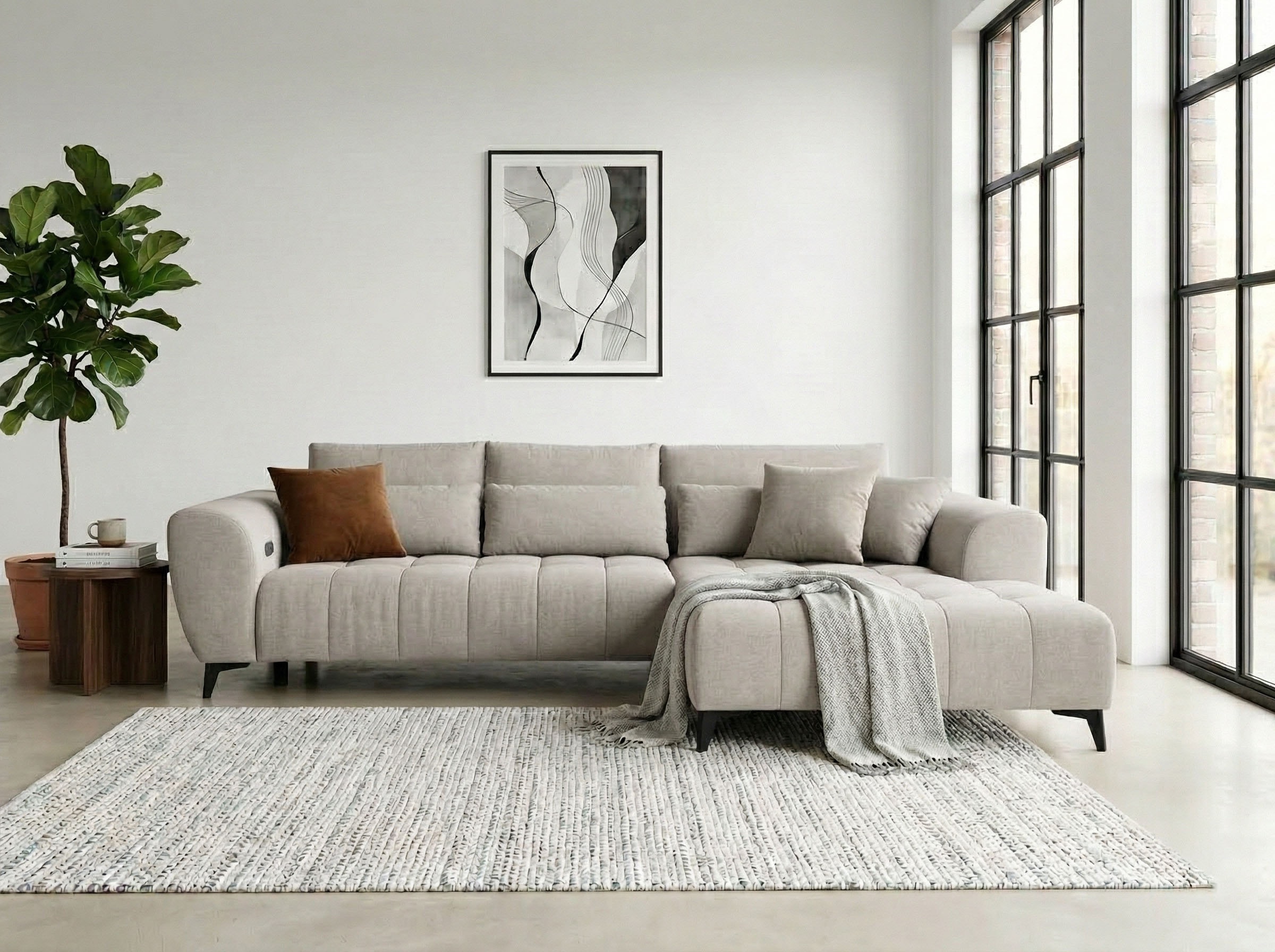 WERK2 Ecksofa »Garay, XXL-Liegefläche: elektrisch ausziehbar auf ca. 228×126 cm« Luxus in Übergröße: XXL-Liegefläche, Komfort-Ottomane & stilvolle Füße