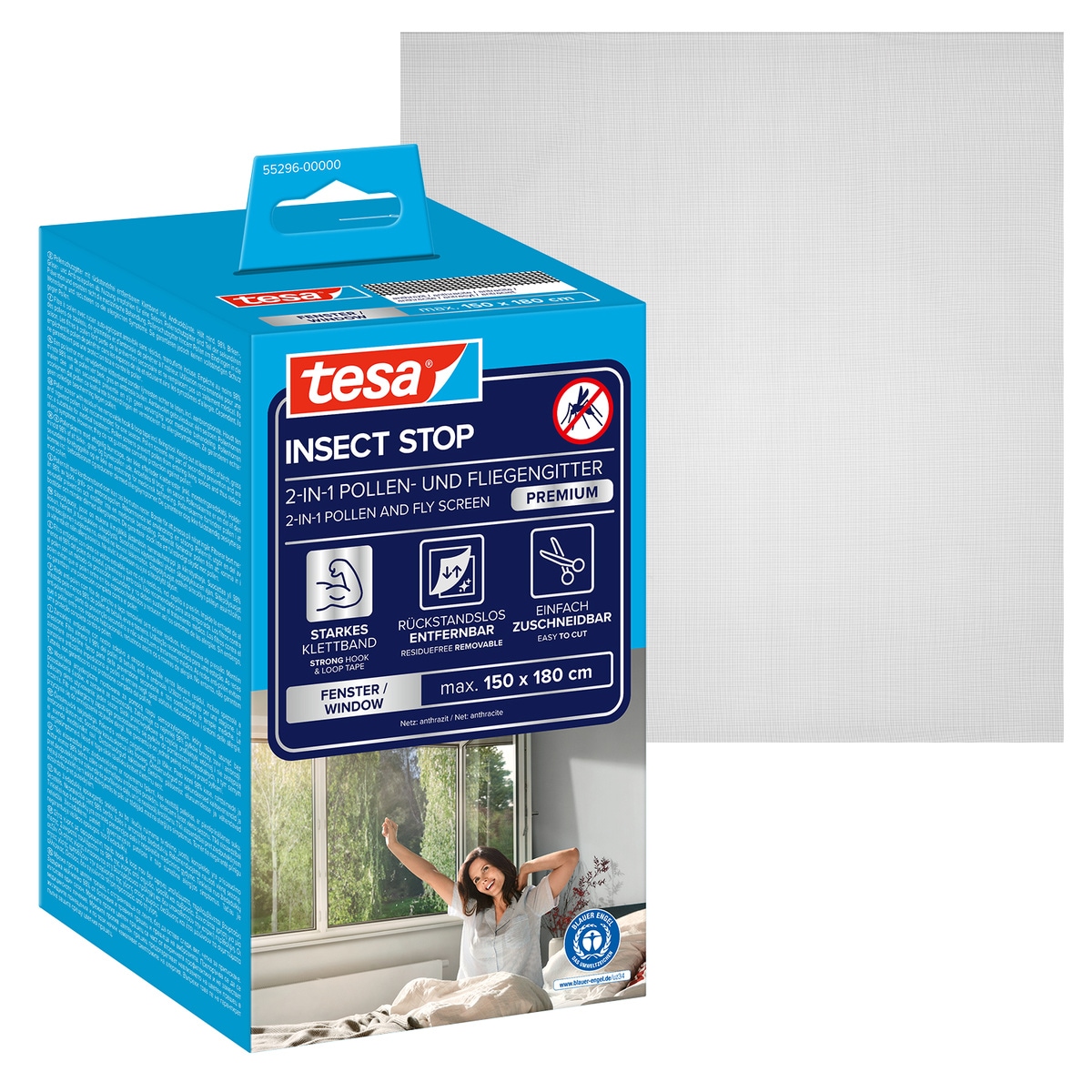tesa Fliegengitter-Gewebe "Pollenschutzgitter 2-in-1 Pollenschutz und Fliegengitter, transparent" Packung, Fliegennetz, Klettband, 1 Stk. tlg. inkl.