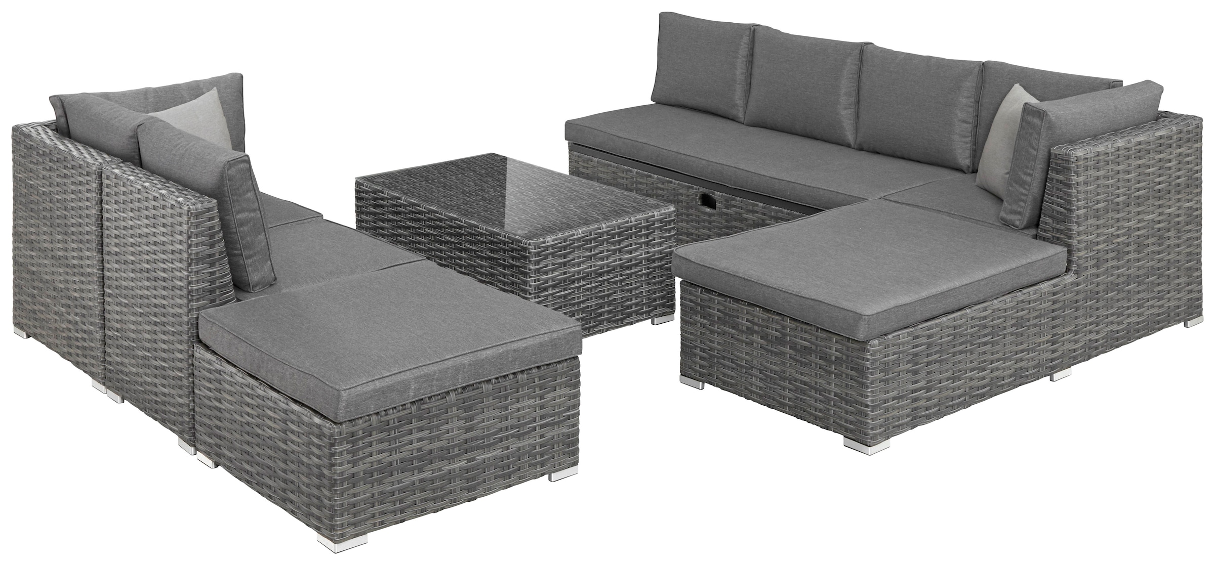 KONIFERA Gartenlounge-Set »New York«, (21 tlg., 1x 3er AZ-Sofa, 1x Ecke, 1x Sessel, 1x Ottomane mit Staufach, 1x Tisch), Tisch 110x65 cm, Aluminium,Polyrattan,individuell stellbar,10 Personen