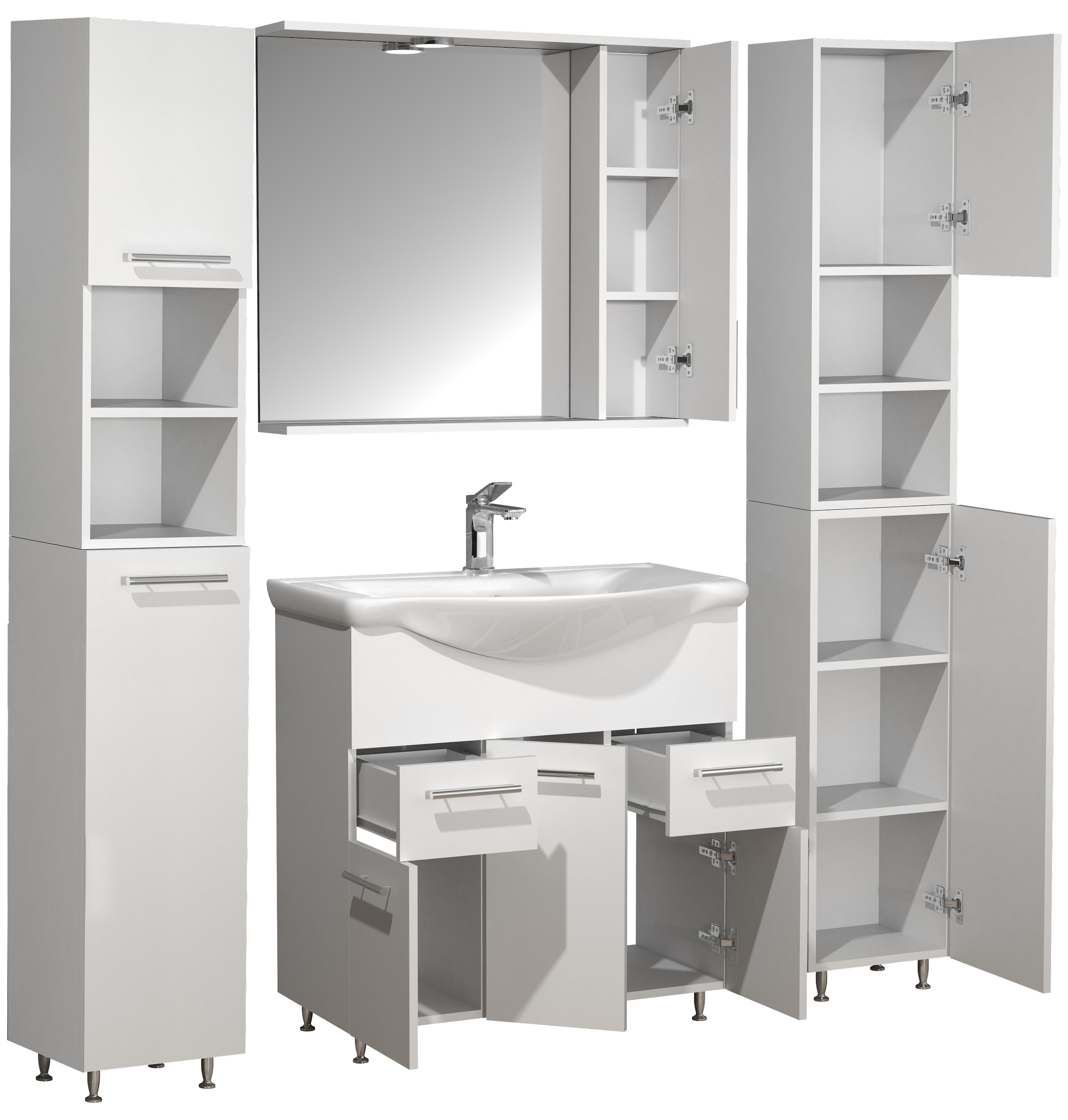 VCM Waschbeckenunterschrank »VCM 5-tlg. Waschplatz Waschtisch Badmöbel Set Waschbecken Schubladen Drehtüren Spiegelschrank Hochschrank Lisalo XL«, (5 St.)