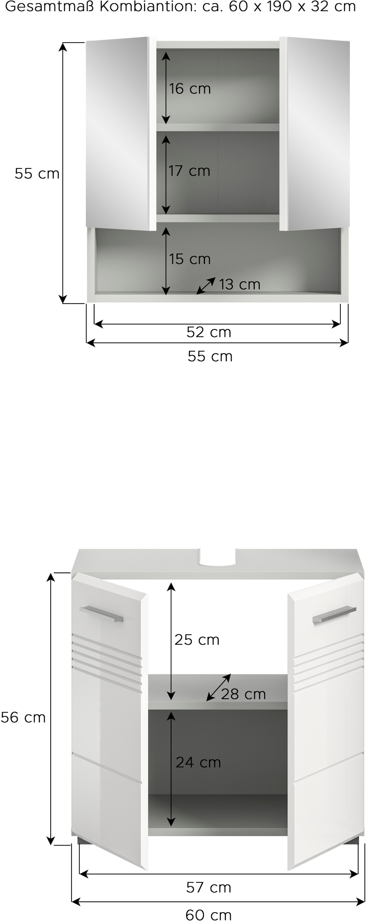 welltime Badmöbel-Set »Calicio, bestehend aus: Waschbeckenunterschrank, Spiegelschrank«, (2 St.), hochwertige MDF Front mit Rillenfräsung