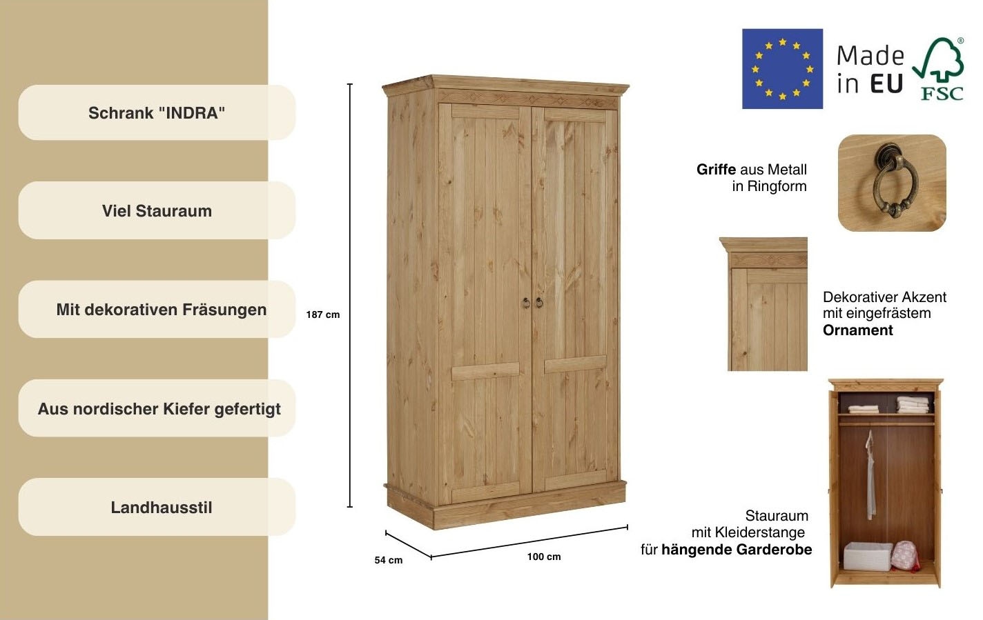 Home affaire Drehtürenschrank »Indra«, (3 Breiten: 100/145/233 cm H/T ca.187/54 cm), aus massiver Kiefer, mit Spiegel bei der 3- und 5trg.Variante