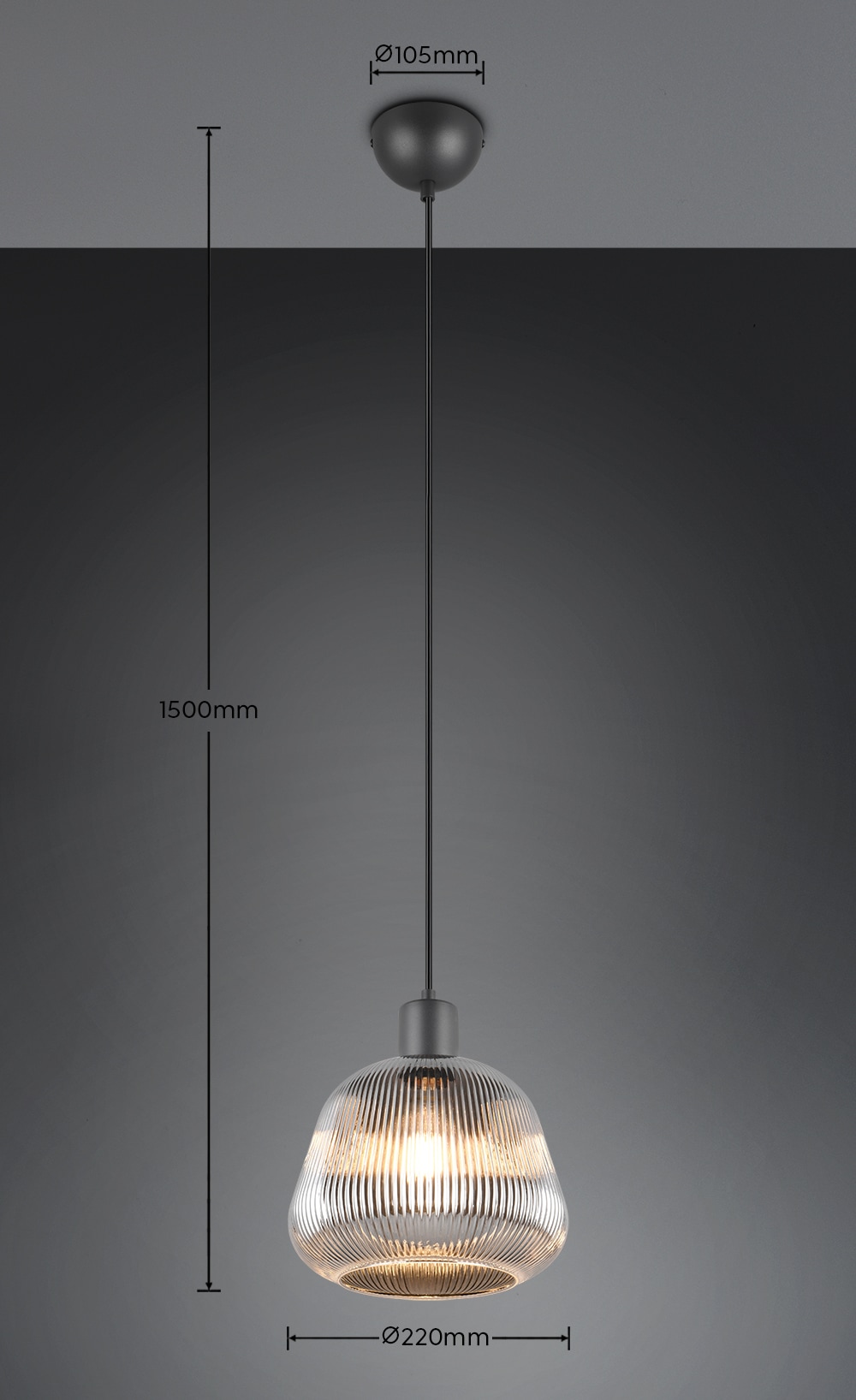 TRIO Leuchten Pendelleuchte »TARIFA, 1-flammige Hängeleuchte exkl 1xE27 max 25W, Glas Hängelampe« E27 1 Stk. warmweiß - kaltweiß höhenverstellbar max 150cm Glas in Riffeloptik und leicht verspiegelt