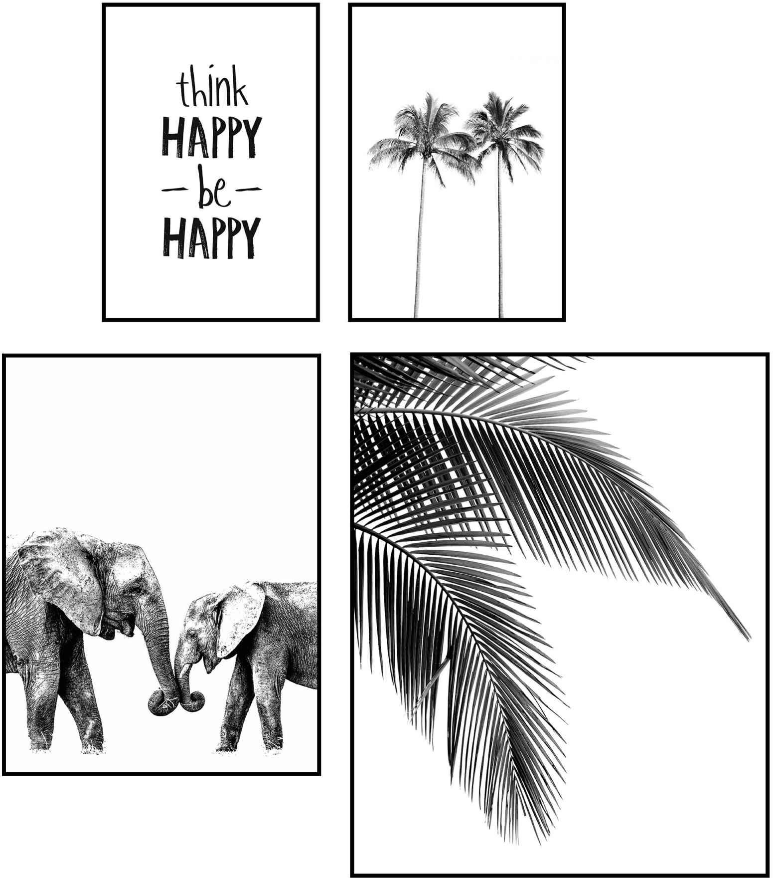 Reinders! Wandbild »Wandbilder Set Be Happy Palm - Baum - Modern - Elefant - Glück«, Schriftzug, (4 St.)