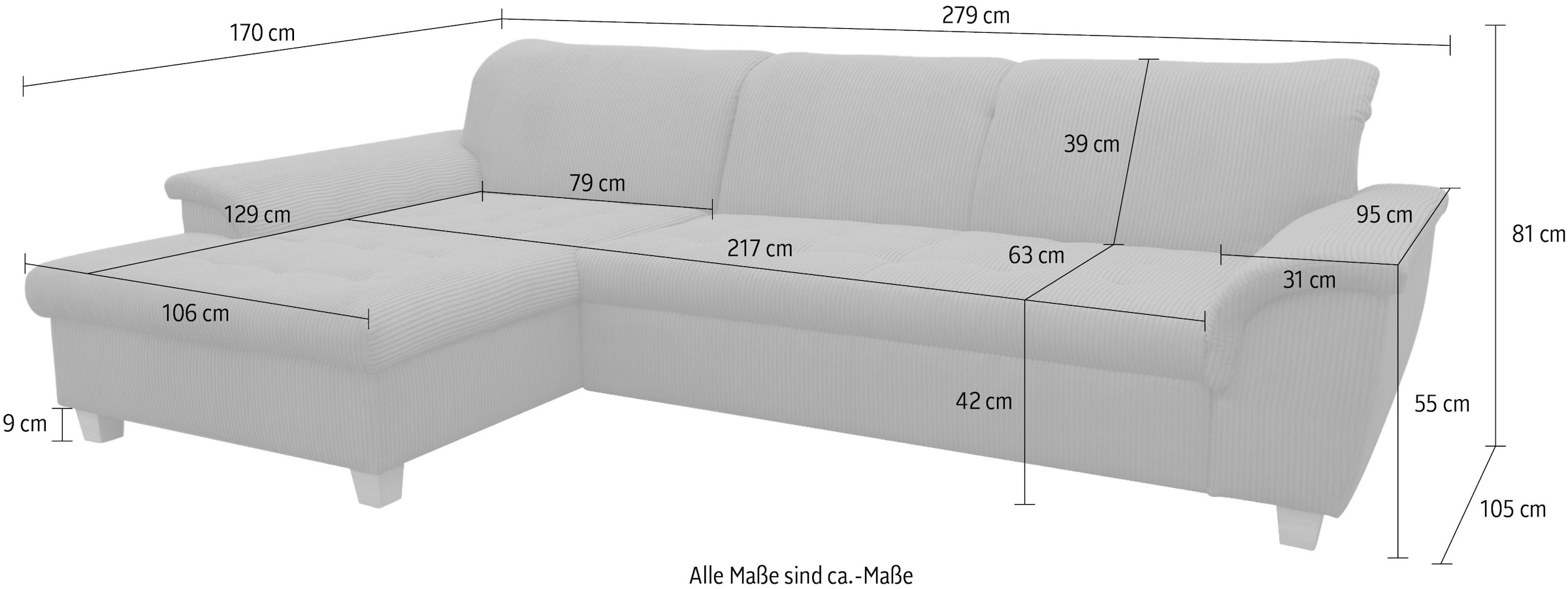 OTTO home Ecksofa »Eggery 279 x 162 cm, auch mit Schlaffunktion & Bettkasten, Holzfüße« L-Form, aus pflegeleichtem Luxus-Microfaser