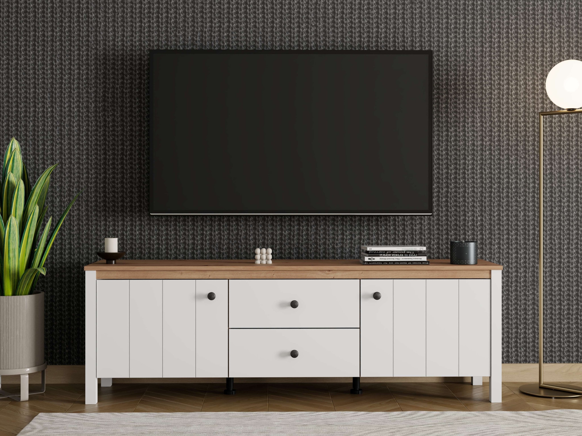 Home affaire Lowboard »BEDFORD, TV-Board, TV-Kommode, TV-Schrank, TV-Möbel im Landhausstil« MDF-Profil, 2 Türen, 2 Schubladen und 2 Fächer mit Metallgriffen