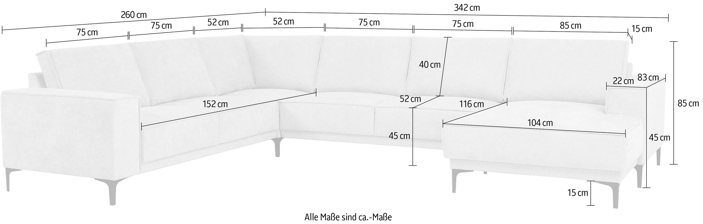 Places of Style Wohnlandschaft »XXL Sofa Oland, Struktur, Flachgewebe, Luxus-Microfaser, Boucle«, U-Form, 342 cm, Wellenunterfederung, Skandi-Design, Metallfüße