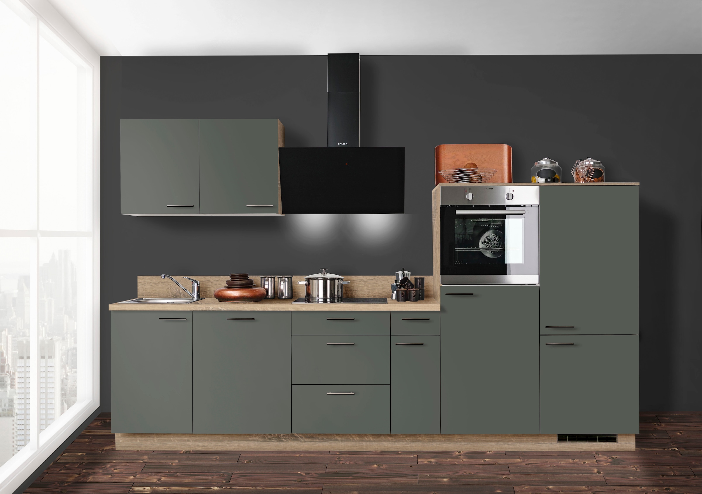 KOCHSTATION Küchenzeile »KS-Scafa, vormontiert, mit höhenverstellbaren Füßen« vormontiert, wahlweise mit E-Geräten, mit Soft-Close, Breite 320 cm