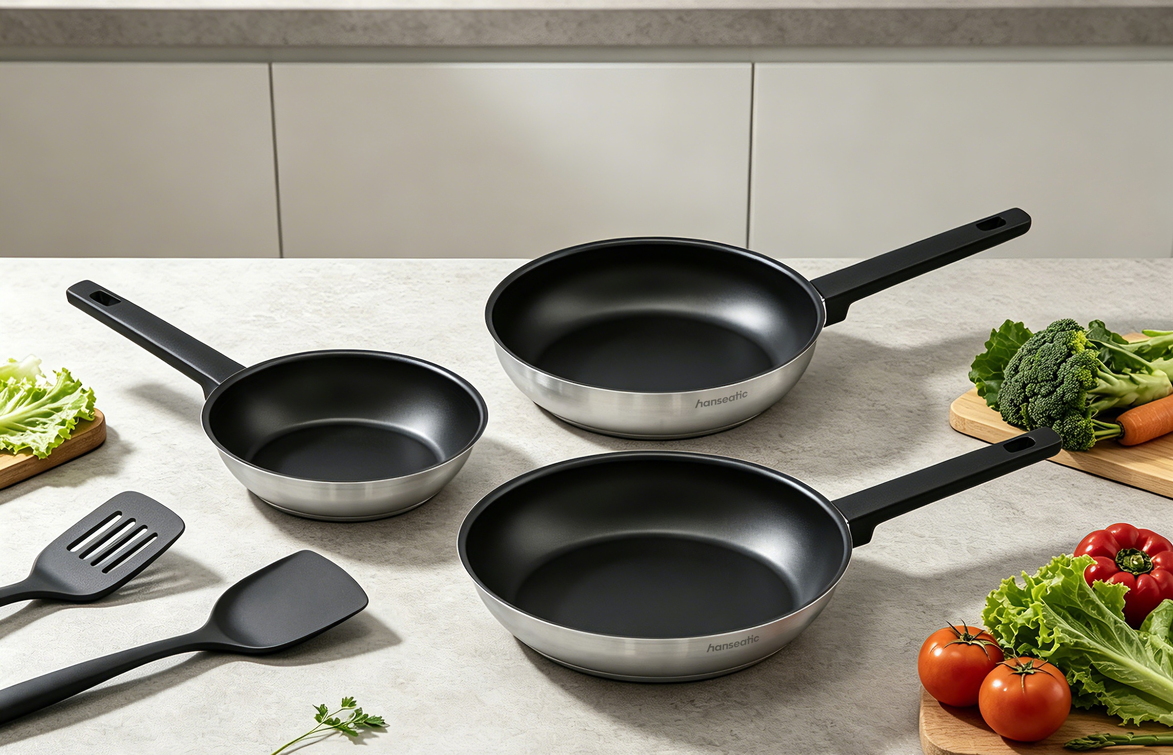 Hanseatic Pfannen-Set »SMART« Edelstahl 18/10 Set, 1x Pfanne Ø 20 cm, 24 cm und 28 cm, 3 tlg. Pfannen mit Antihaftbeschichtung, für alle Herdarten, inkl. Induktion