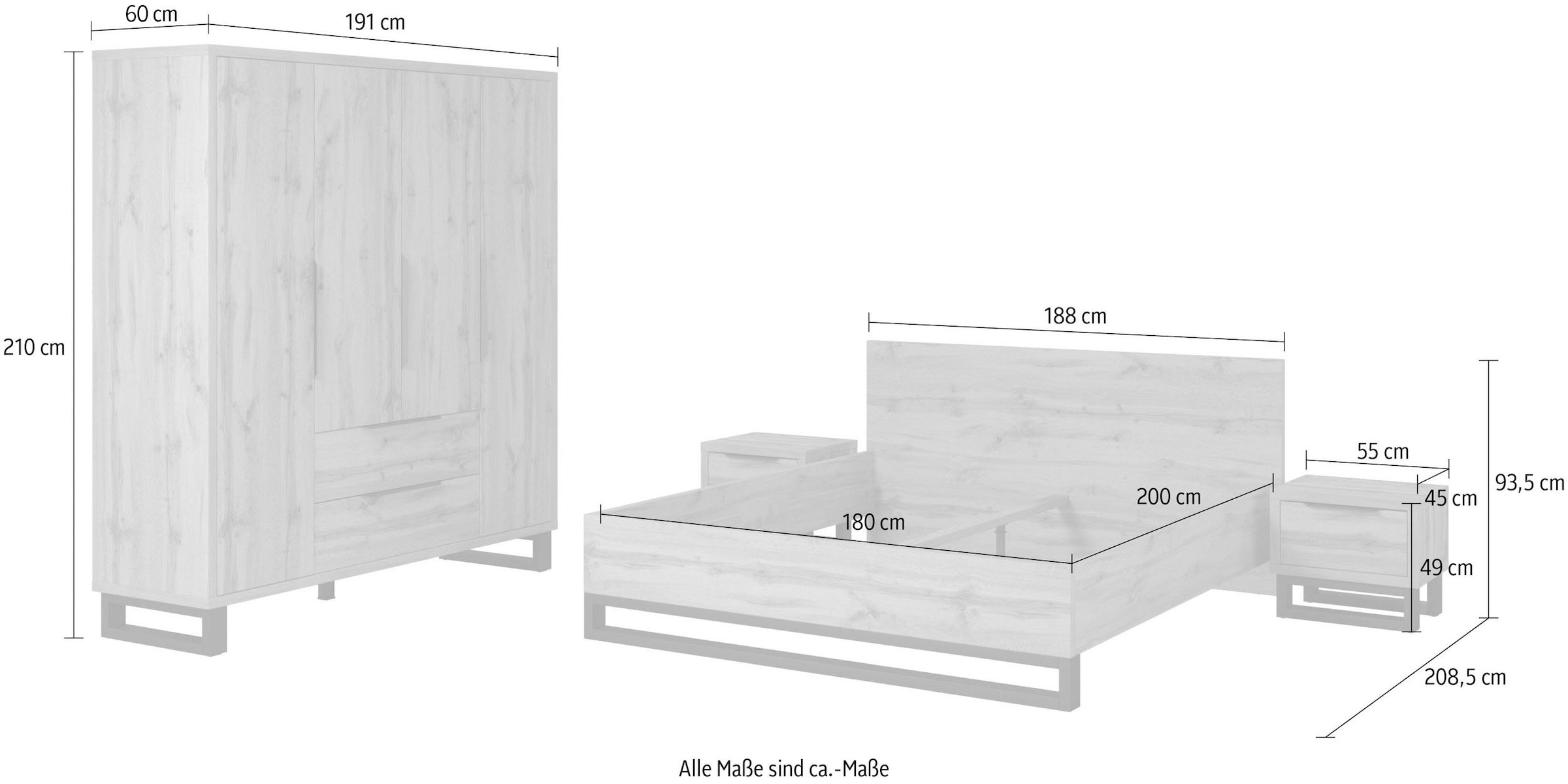 Home affaire Schlafzimmer-Set »Bronne,Komplettschlafzimmer (Set,4-St)«, Schlafzimmer-Set, Schrank 191cm breit, 2xNachtische, Bett180/200cm