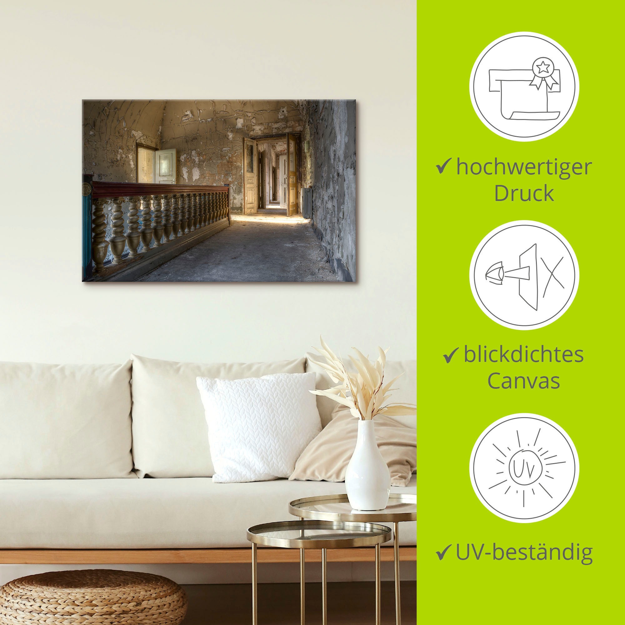 Artland Wandbild »Lost Place - Gang mit Sonnenschein«, Fenster & Türen, (1 St.), als Alubild, Outdoorbild, Leinwandbild in verschied. Größen
