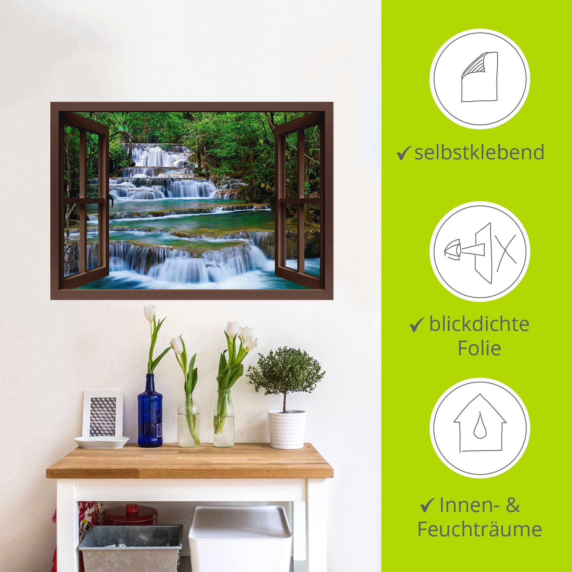 Artland Wandbild »Fensterblick Wasserfall in Kanchanaburi«, Fensterblick, (1 St.), als Leinwandbild, Poster, Wandaufkleber in verschied. Größen