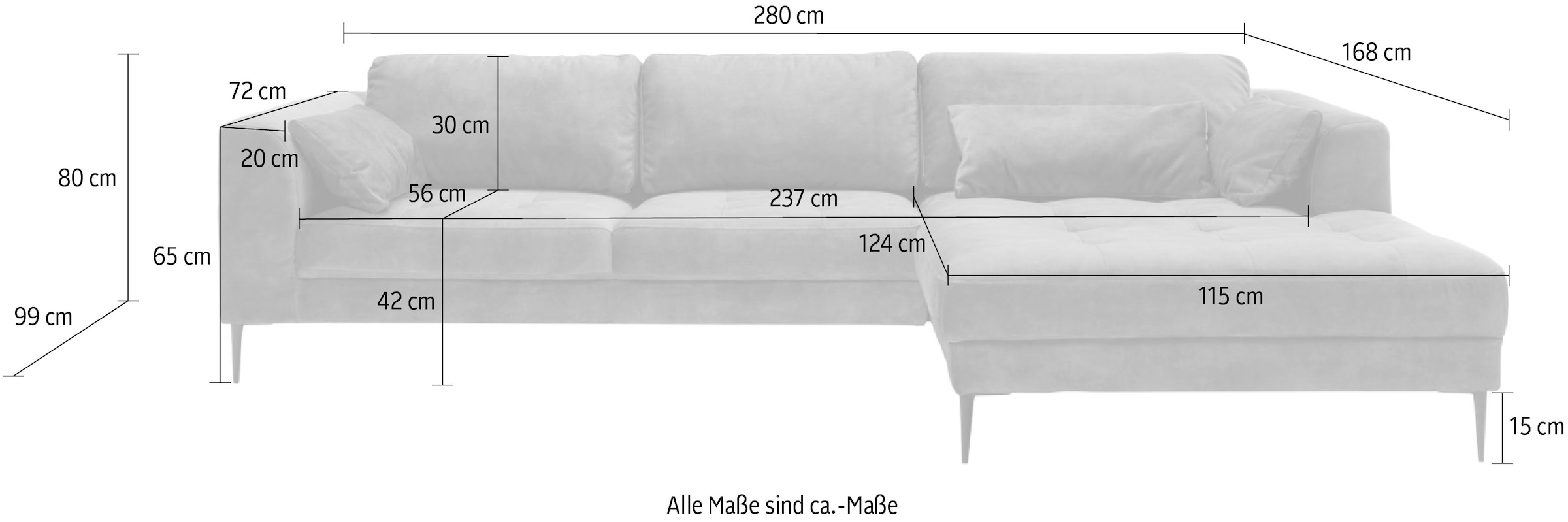 TRENDMANUFAKTUR Ecksofa »Luzi, wahlweise mit Schlaffunktion und Bettkasten bestellbar, L-Form«, Designsofa mit tollem Sitzkomfort, Metallfüße schwarz, Breite 280 cm