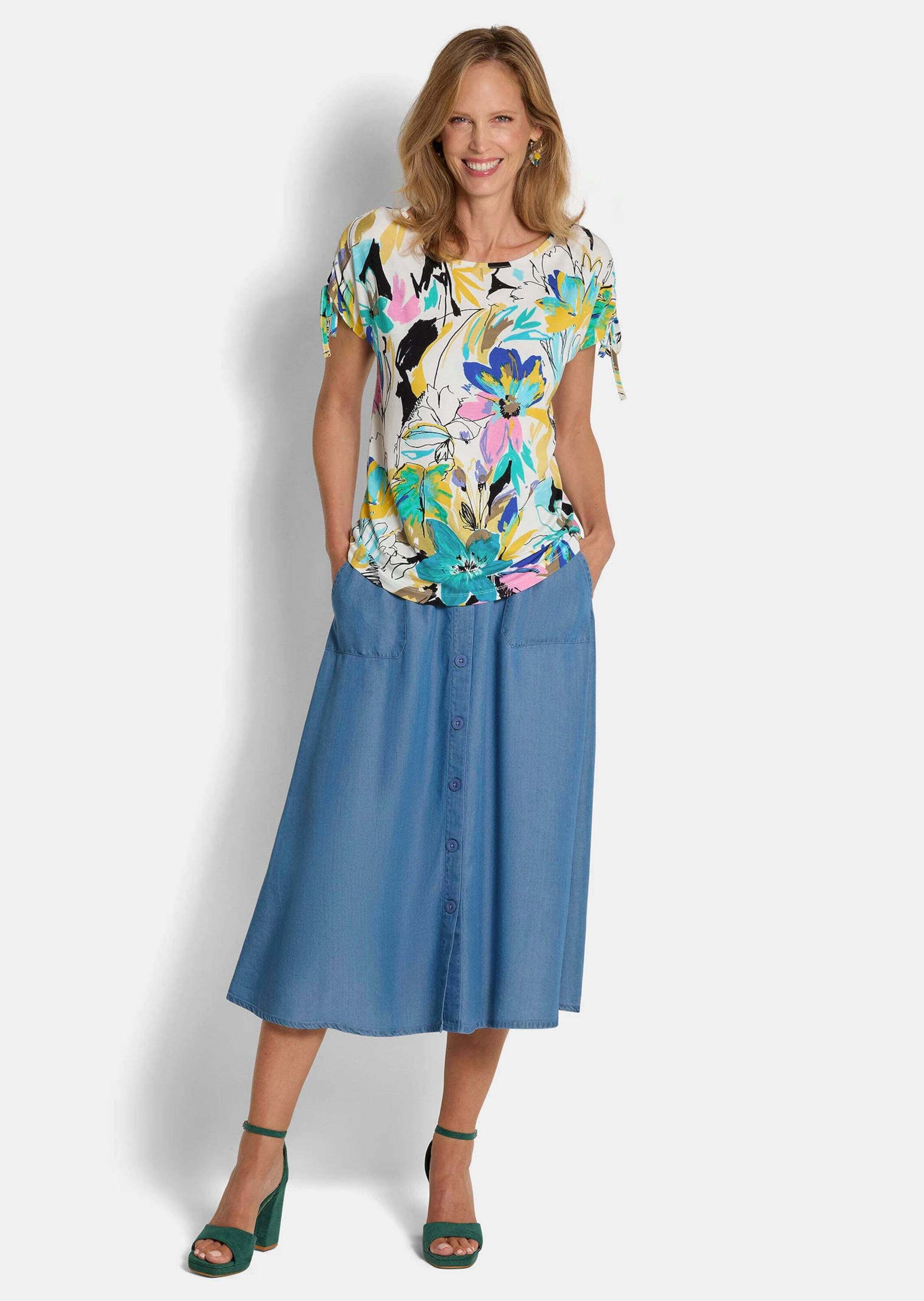 GOLDNER Print-Shirt »Kurzgröße Jerseyshirt mit floralem Design« Kordelzug an den Schultern