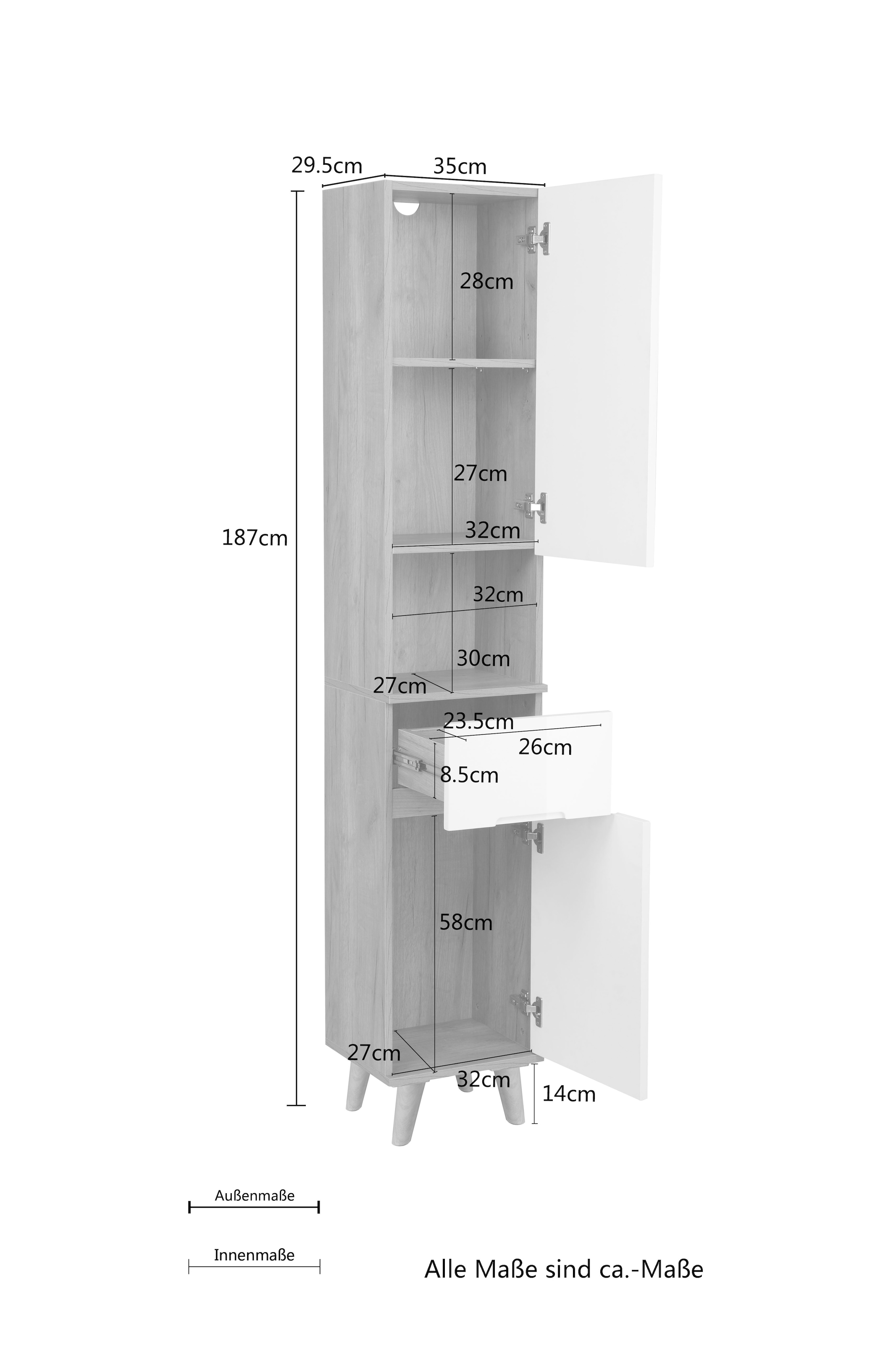 andas Hochschrank »Lund Badschrank skandinavisches Design mit viel Stauraum«, Badmöbel, 2 Türen und 1 Schublade, Breite 35cm