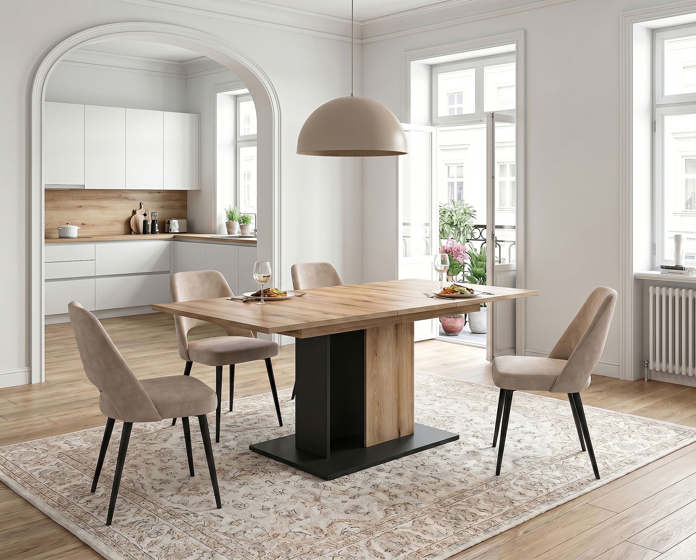 OTTO home Esstisch »MONOLITH, ausziehbar 150 -230 cm, inklusive 2x 40 cm Einlegeplatte« Doppelsäulen-Gestell mit Bodenplatte, Tisch, Küchentisch, Esszimmer