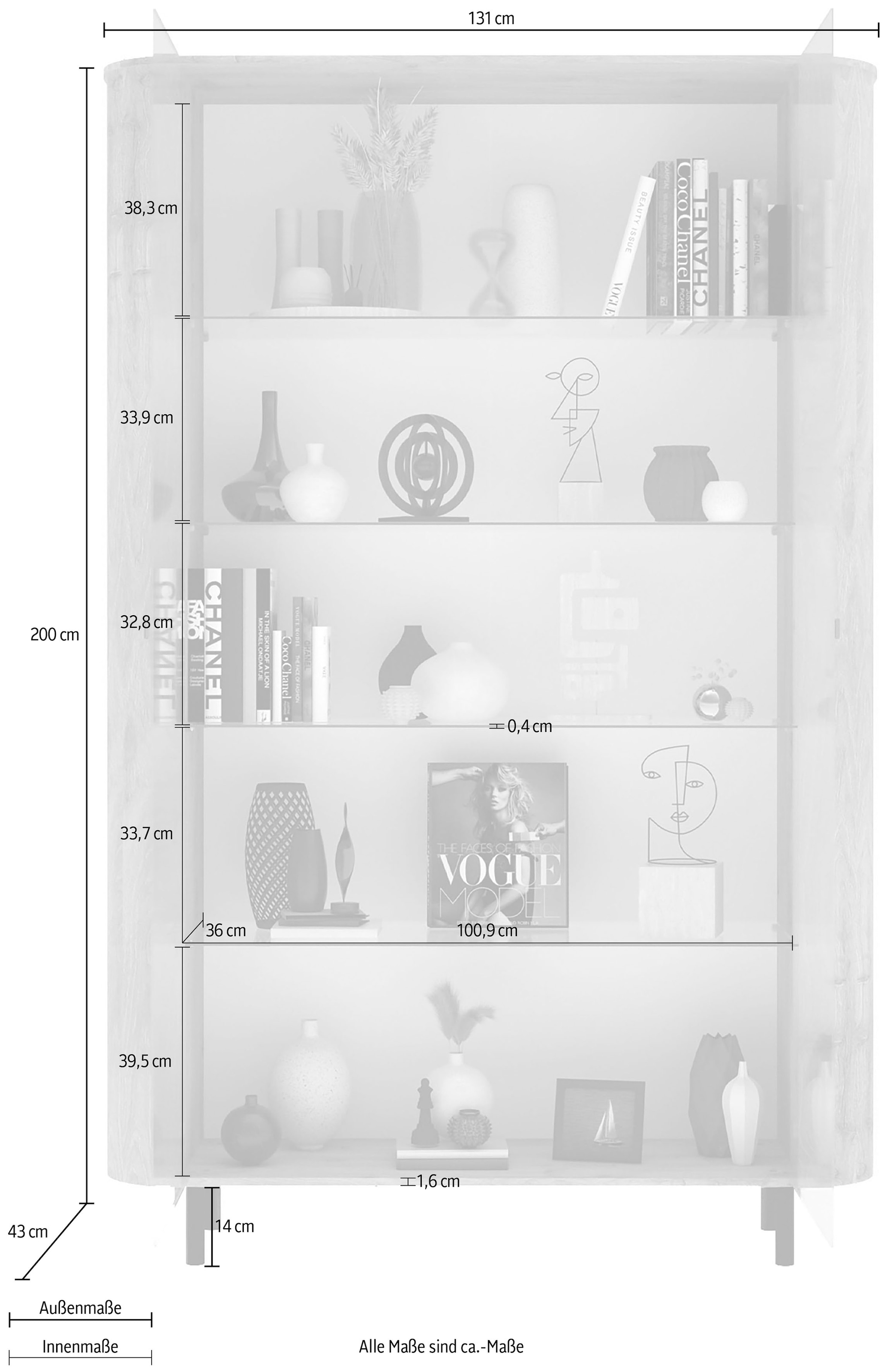Home affaire Vitrine »Murano, Standvitrine H 200 cm, B 131 cm, 2 Türen, Vitrinenschrank« Formgebogenes MDF, Stirnseiten mit Rundung, Metallfüße, stilvoll