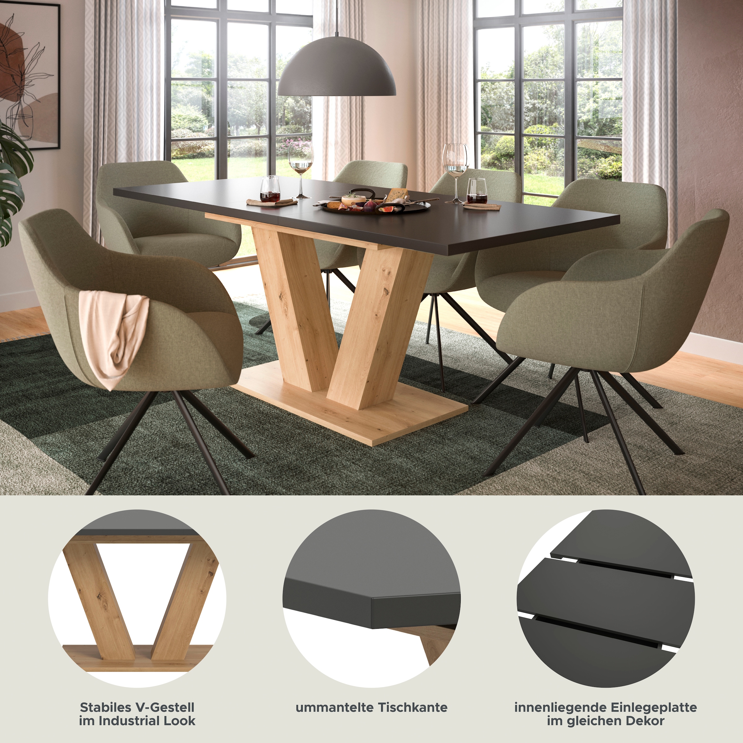 INOSIGN Esstisch »Motus, ausziehbar 150 -190 cm, inklusive 40 cm Einlegeplatte«, (Set, 1 St.), V-Gestell mit Bodenplatte, Tisch, Küchentisch, Esszimmer, Küche