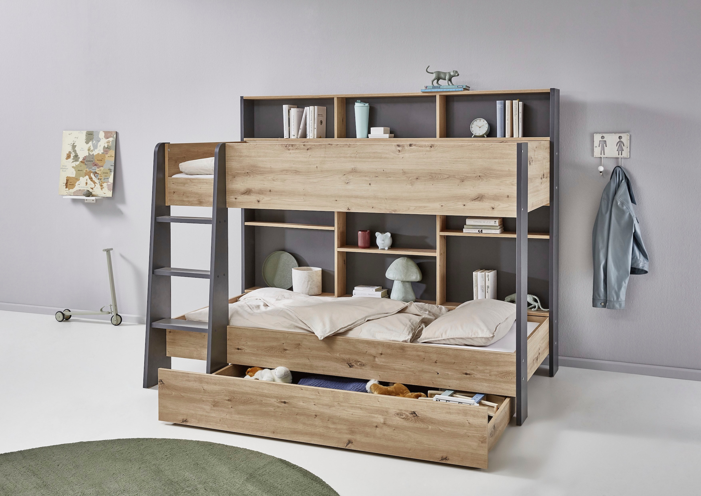 Relita Etagenbett »Sely, viel Funktion auf kleinem Raum, 2 Liegeflächen, modernes Design« viele Regalfächer an der Bettrückseite, inkl. Schublade auf Rollen,  viel Stauraum, pflegeleichte Melamin Oberfläche, 3 Farben zur Wahl
