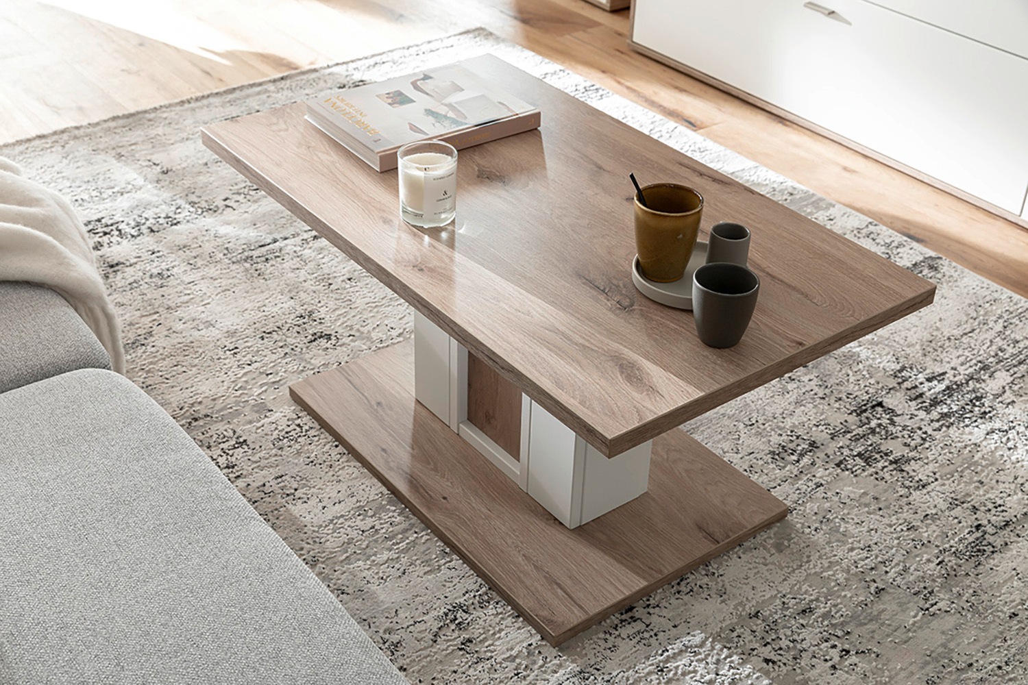 MCA furniture Couchtisch »SANTERNO Couchtisch mit Säule«, (1 St.), Tisch, Soft White/Viking Oak, mit Säule, belastbar 50kg, Breite 95 cm
