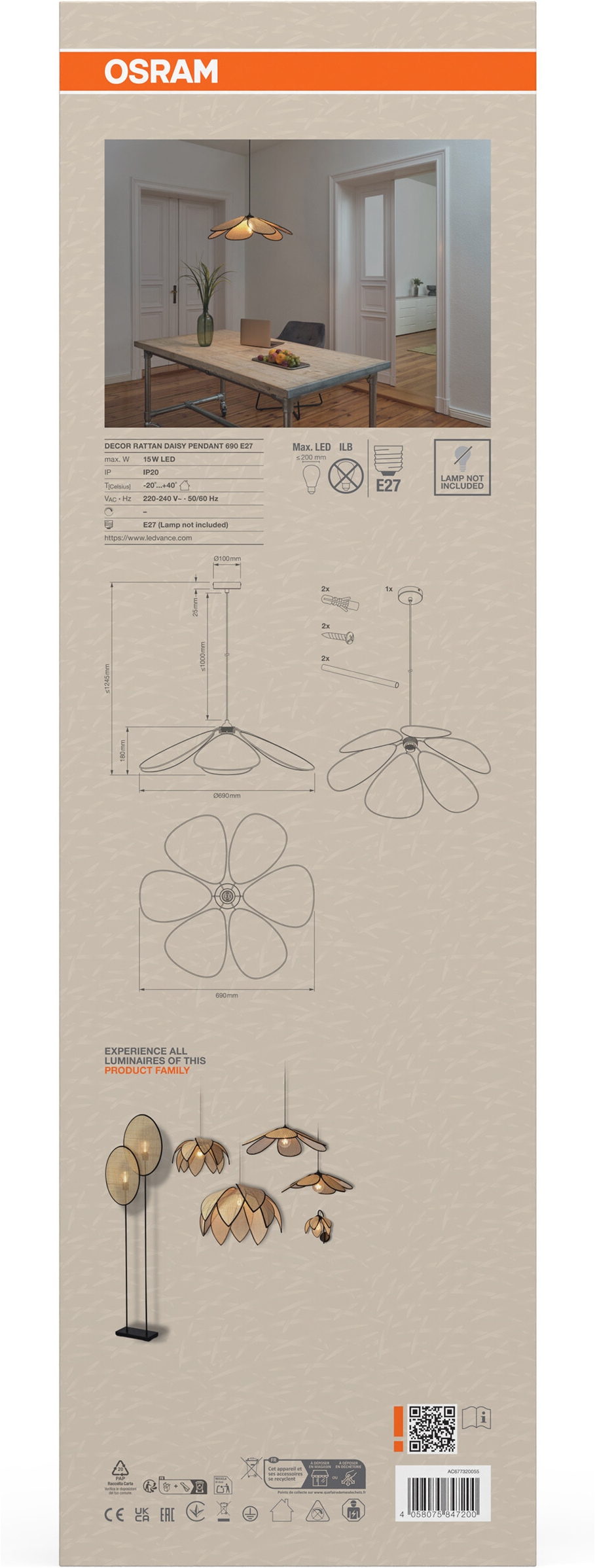 Osram Pendelleuchte »Decor Rattan« E27 1 Stk. braun, Fassung E27, Rattan und Stahl
