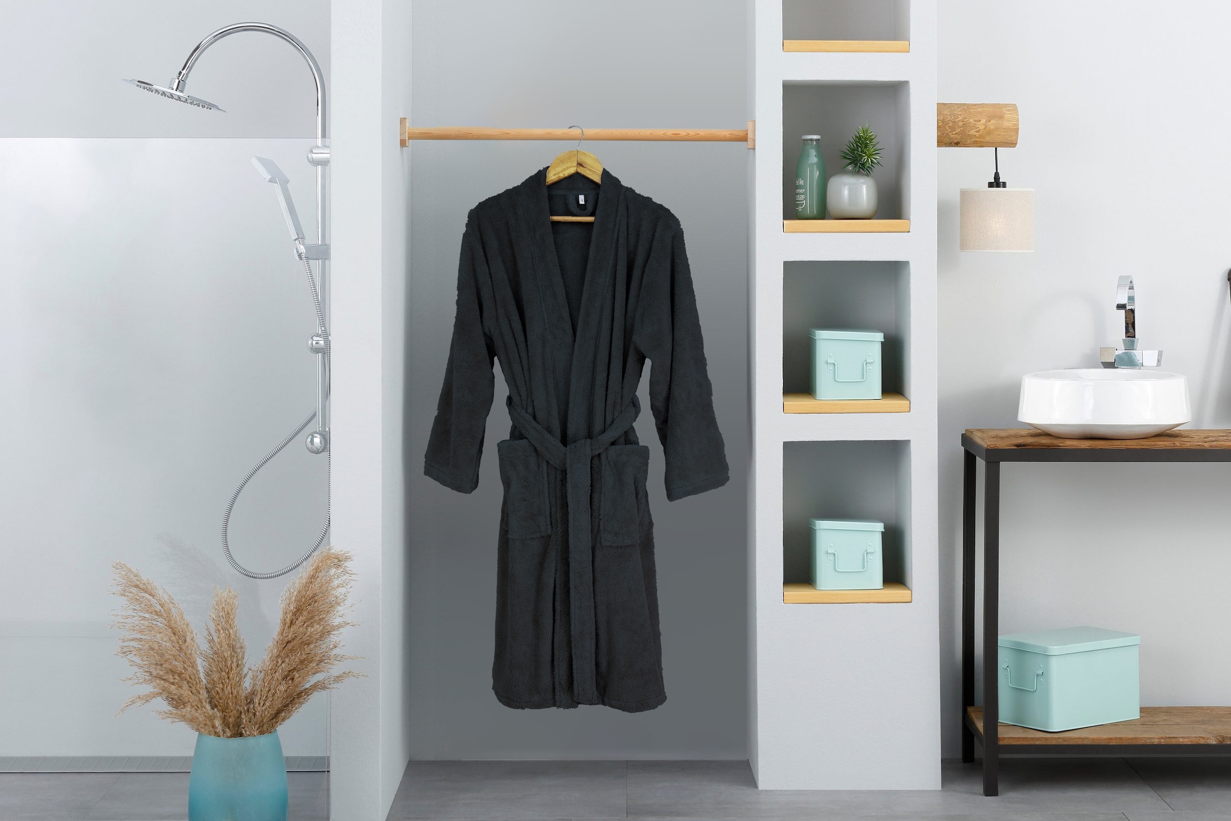 my home Unisex-Bademantel »Lillou Kimono, ideal für Sauna & Spa, Hotelbademantel, Morgenmantel«, (1 St.), kuschelig weicher Fleece, für Damen und Herren, XS-3XL