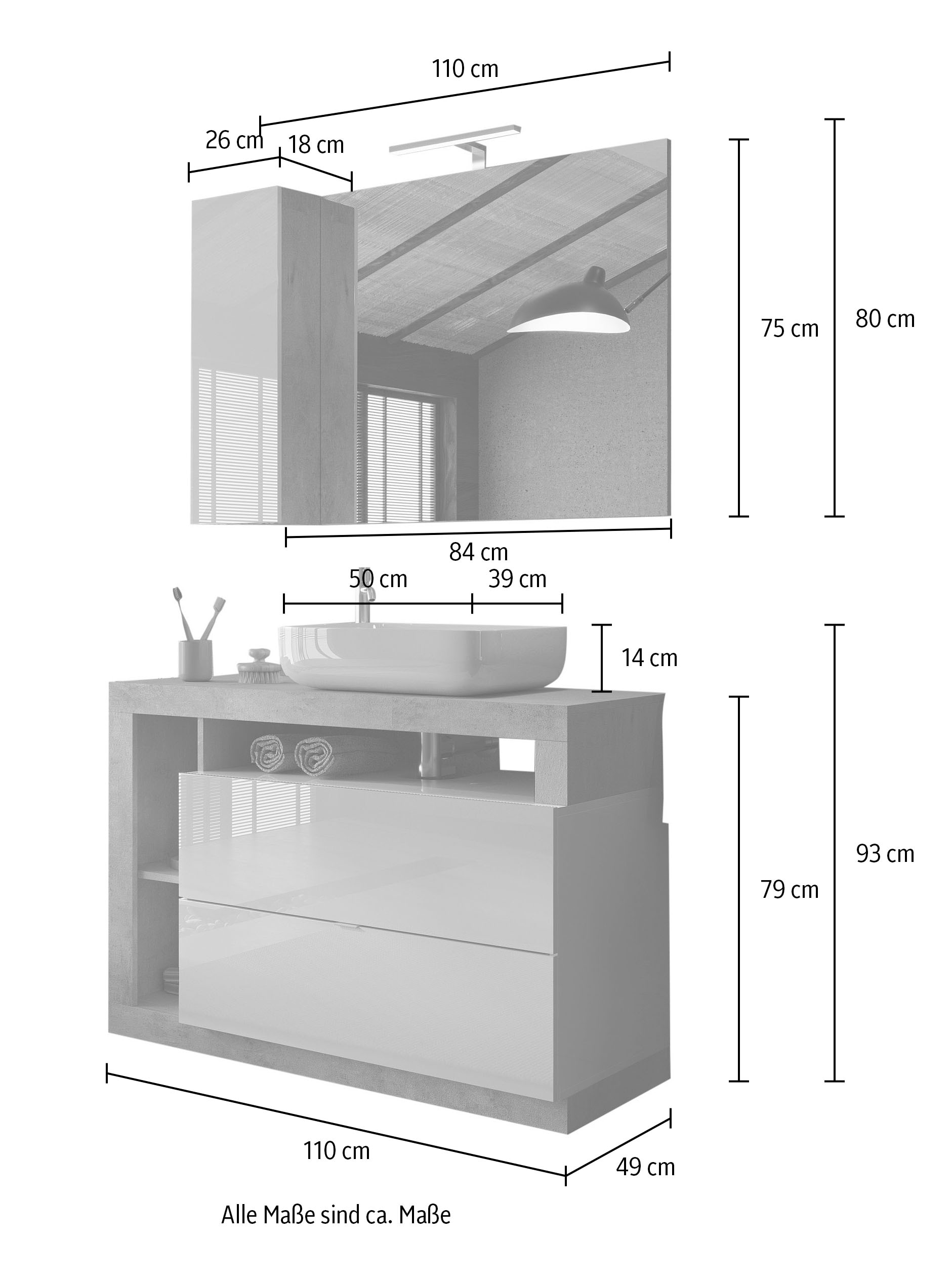 welltime Badmöbel-Set »Hamburg, Badezimmerset 2tlg. Breite 110 cm, Badmöbel, Waschtisch inkl.«, (Spar-Set, 2 St.), Waschbecken, Spiegelschrank mit LED Aufbauleuchte, Soft-Close-Funktion