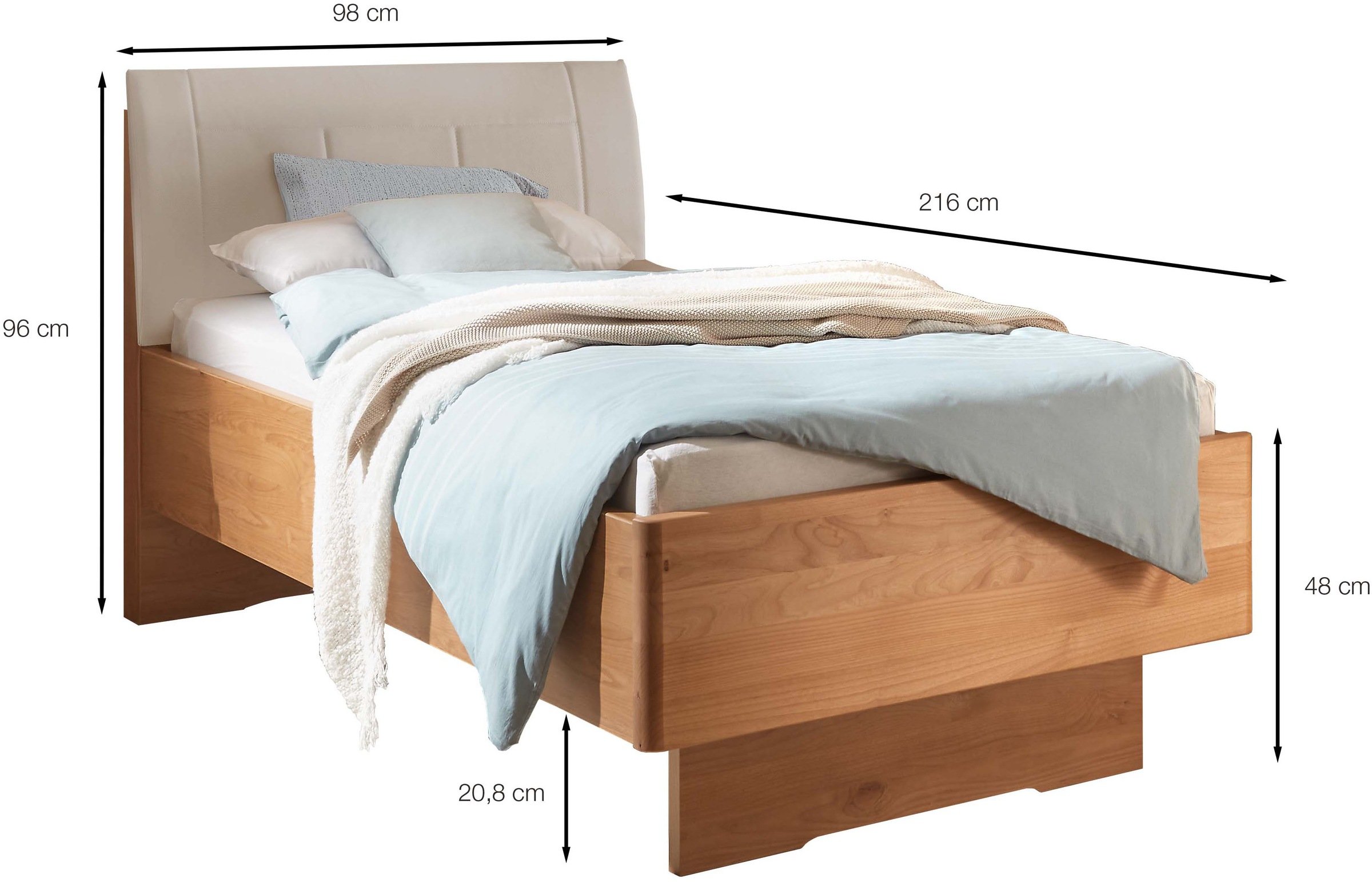 WIEMANN Holzbett »Cardiff, Bettgestell, Bettrahmen, teilmassiv, mit Polsterkopfteil«, (Belastbarkeit 110/220 Kg, 4-fache höhenverstellbar, MADE IN GERMANY), Fußteil aus Massivholz, verschiedene Größen