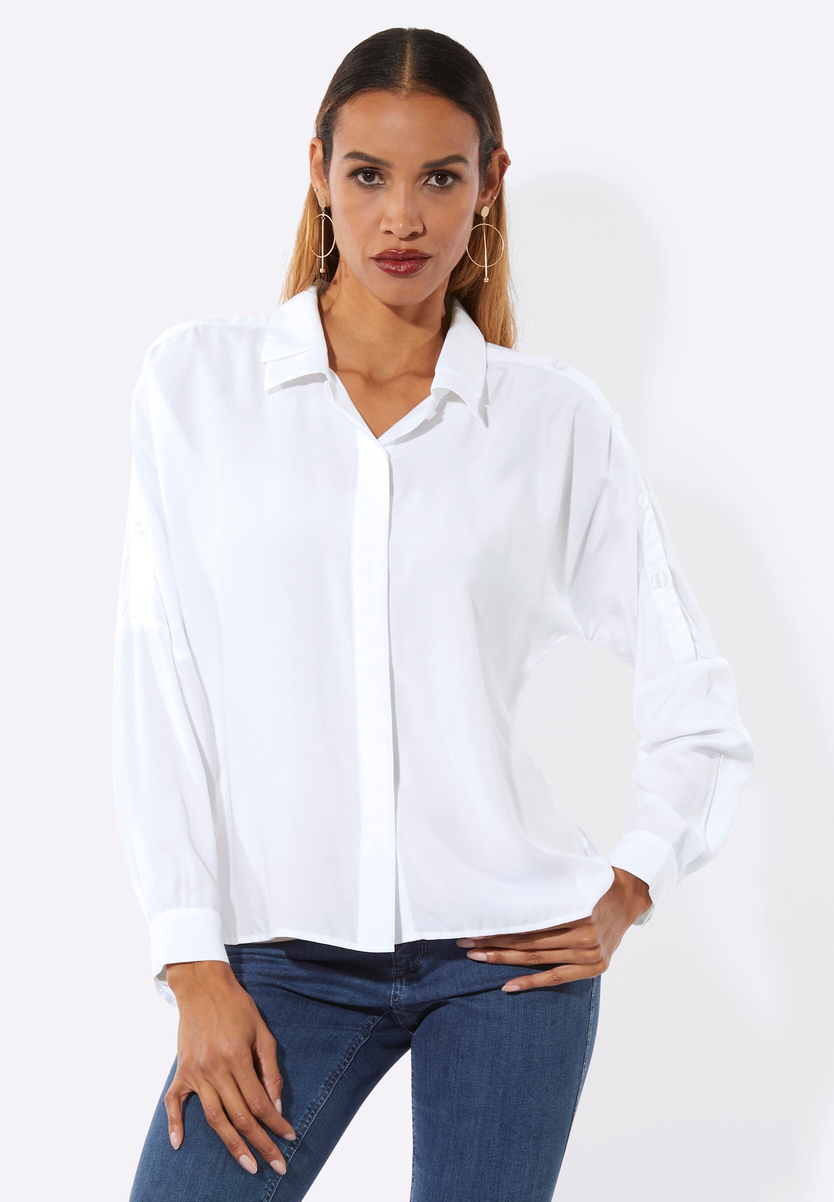 creation L Klassische Bluse »Seiden-Viskose-Longbluse Hemdbluse mit Fledermaus-Ärmeln«
