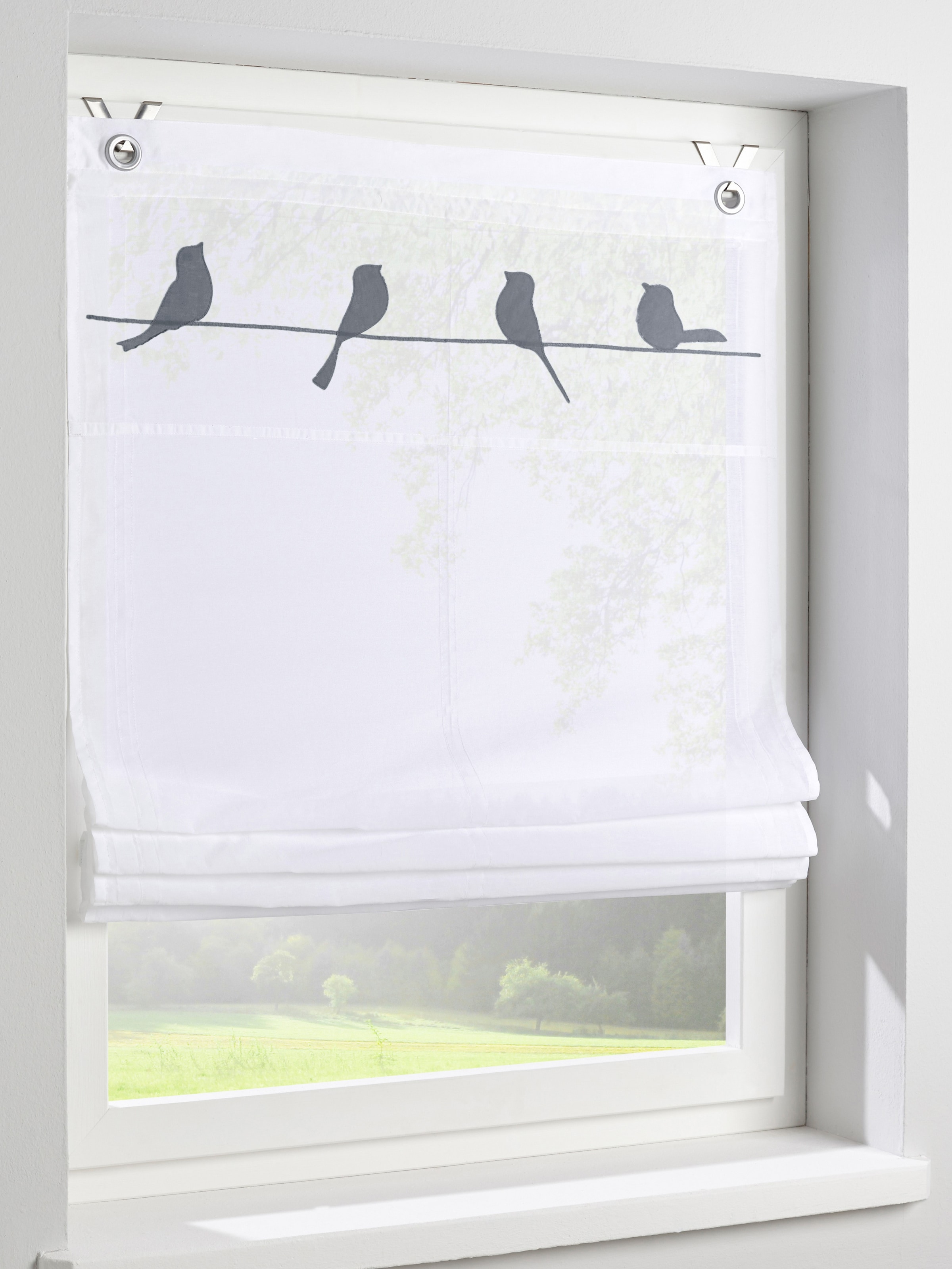 Kutti Raffrollo »Gravelot« mit Hakenaufhängung ohne Bohren freihängend Applikationen mit niedlichen Vögeln in grau
