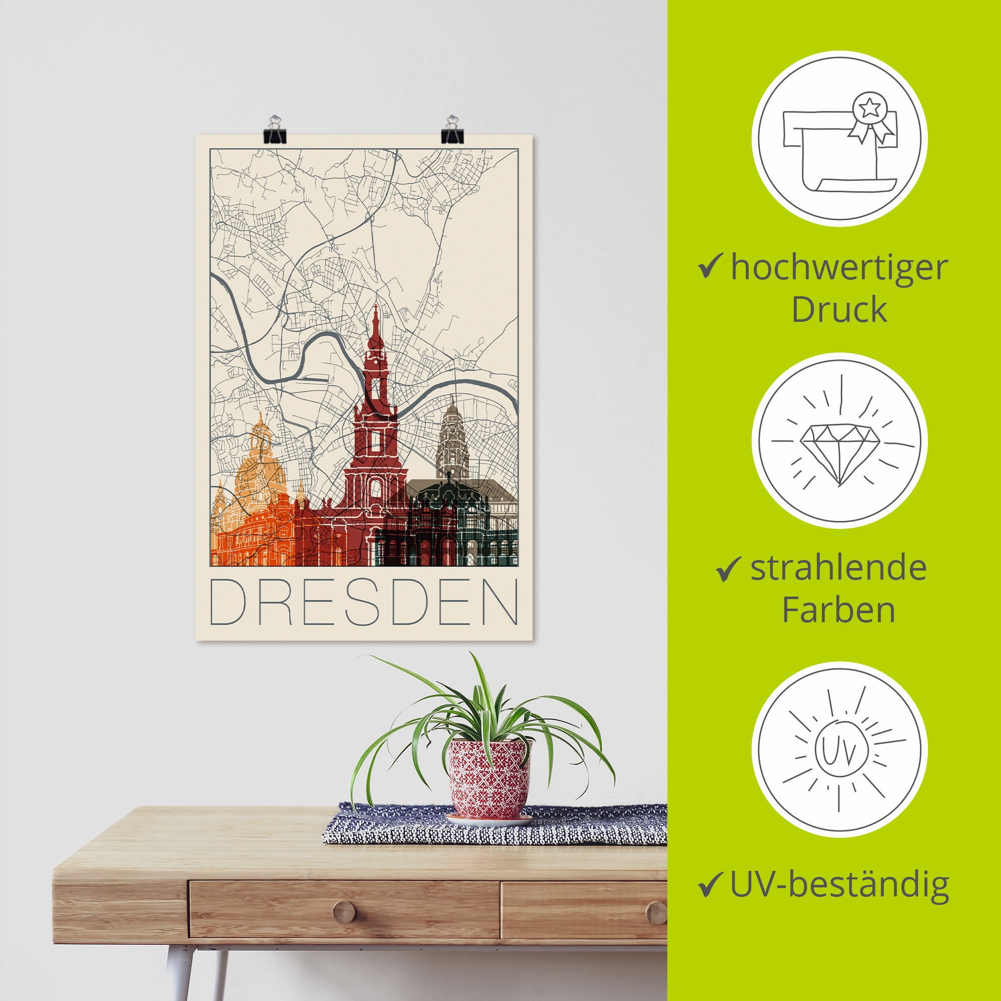 Artland Wandbild »Retro Karte Dresden«, Deutschland, (1 St.), als Alubild, Leinwandbild, Wandaufkleber oder Poster in versch. Größen