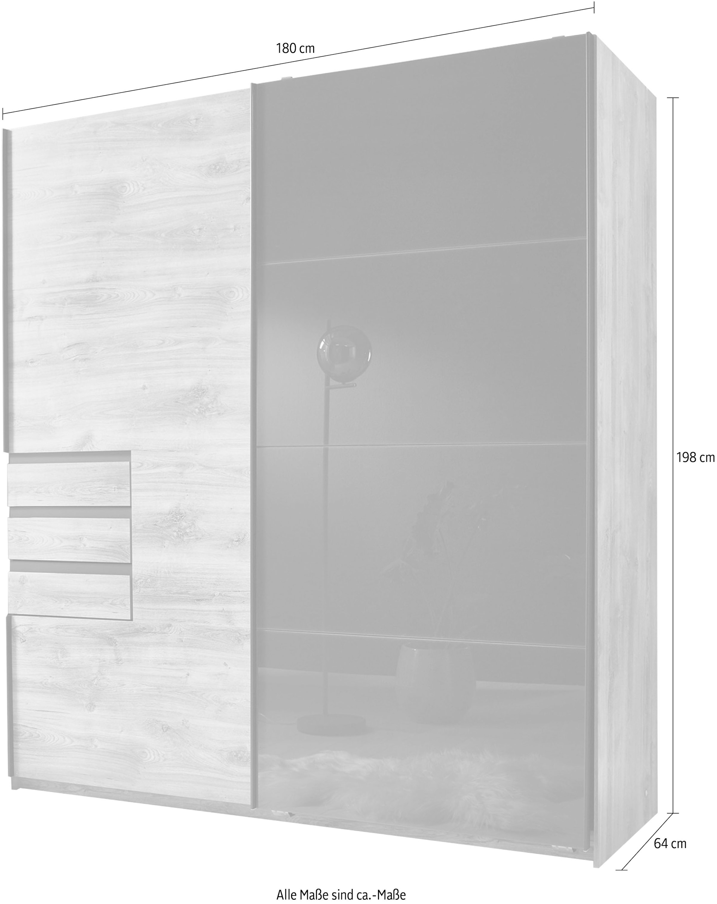 Wimex Schwebetürenschrank »Oldenburg, Kleiderschrank mit Glaselementen in schwarz, 3 Schubladen«, (B/T/H: 180/64/198cm, inklusive geräumigen Innenleben, Made in Germany), mit Glaselementen