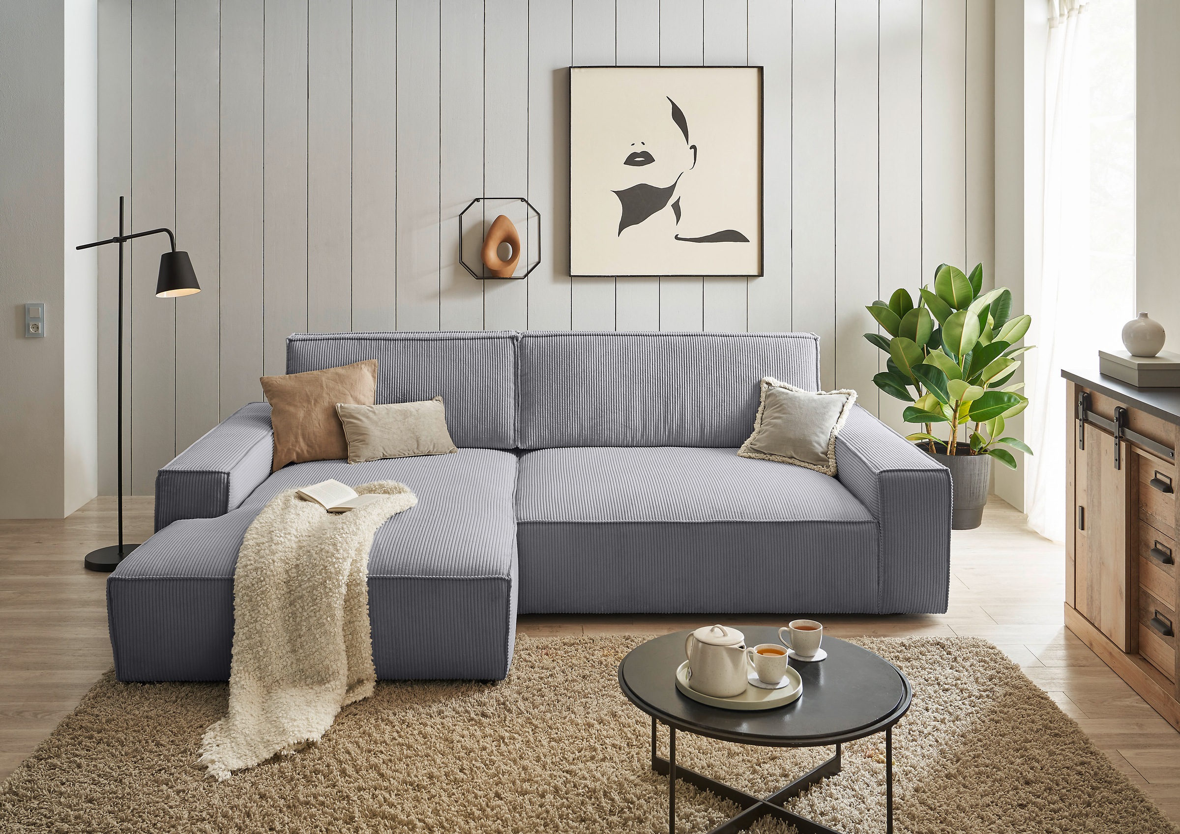 Home affaire Ecksofa »NEU: SHERWOODL XXL 284, Big-Sofa L-Form, tiefe Sitzfläche 95 cm, Cord,«, Leinenoptik, Recamiere rechts/links, auch als Schlafsofa stellbar