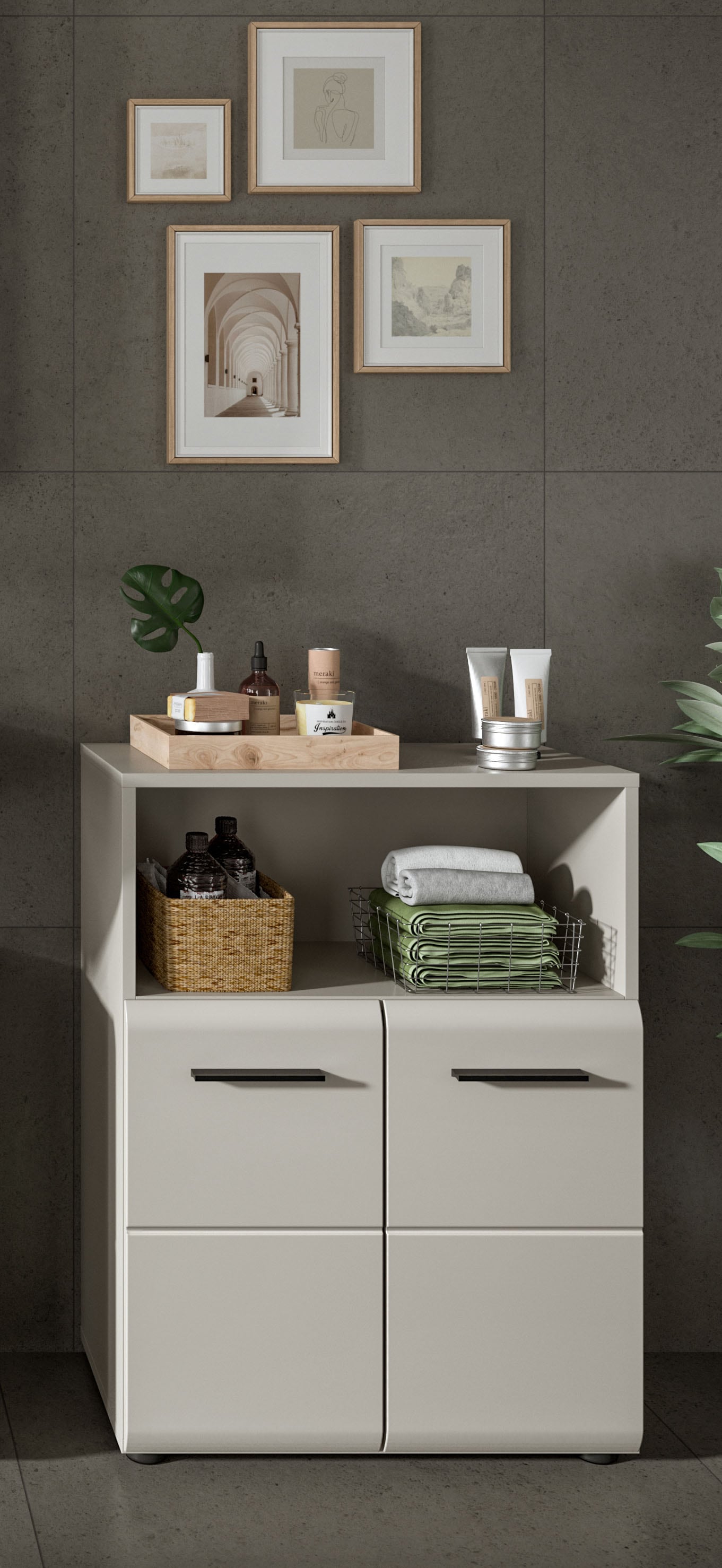 welltime Midischrank »FLORENZ,  Breite 60 cm, 2 Türen, 1 Fachboden, 1 offene Fach« TOPSELLER!, 1 Stk. tlg. hochwertige MDF Front, Griff schwarz, Badschrank, Bad