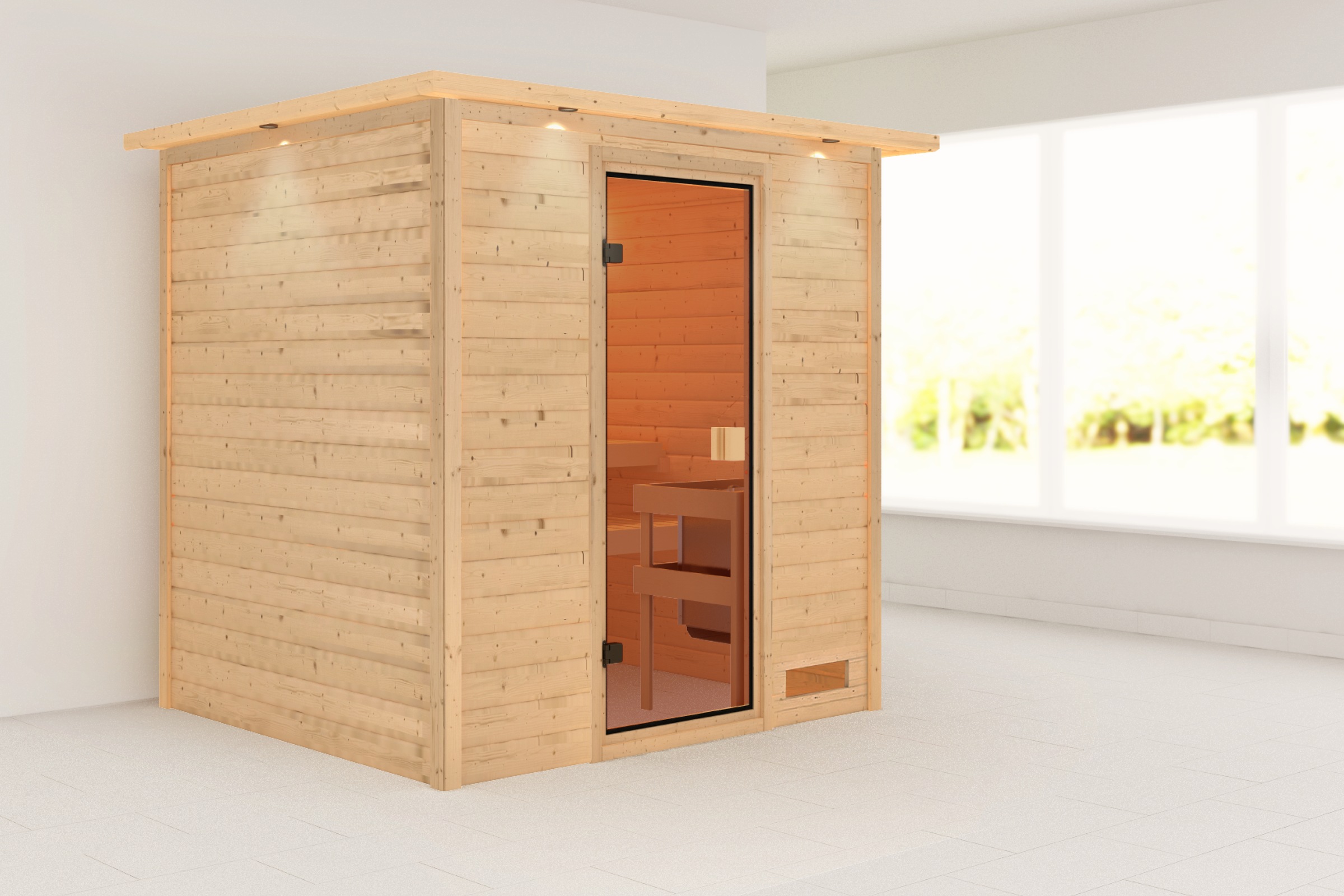 Karibu Sauna »"Ricky" mit bronzierter Tür und Kranz, naturbelassen« aus hochwertiger nordischer Fichte. 9 kW Ofen und integr. Steuerung