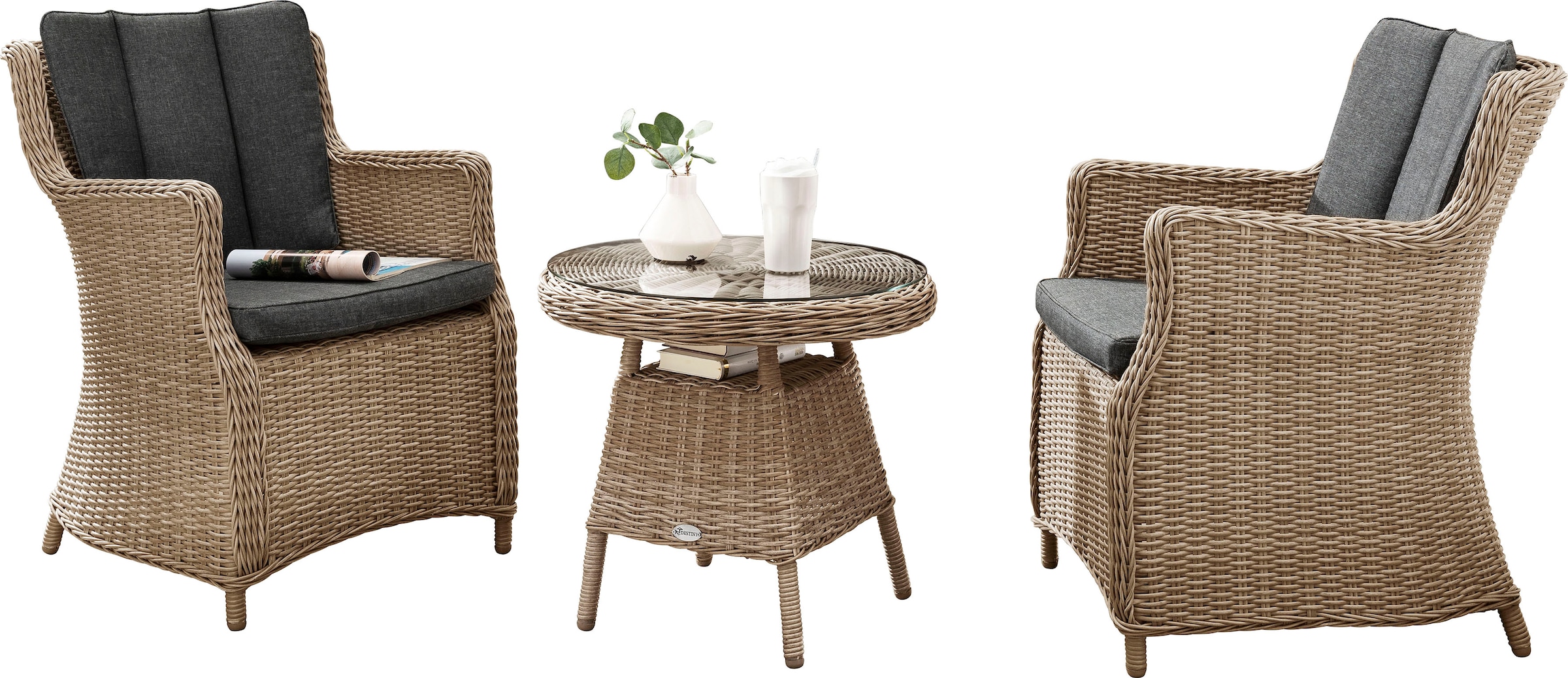 Destiny Balkonset »LUNA MALAGA«, (Set, 7 tlg.), Polyrattan, 2 Sessel +  Kaffeetisch Ø 60x55 cm, + Auflagen grau bestellen online bei OTTO