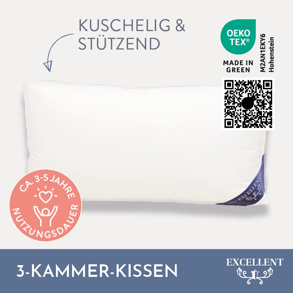 Excellent 3-Kammer-Kopfkissen »Florenz, Kopfkissen mit 10 cm hohen Außensteg«, Füllung: 100% Gänsedaunen (Außenkammern); 100% Gänsefedern (Innenkern), Bezug: 100% Baumwolle, (1 St.), hergestellt in Deutschland, allergikerfreundlich