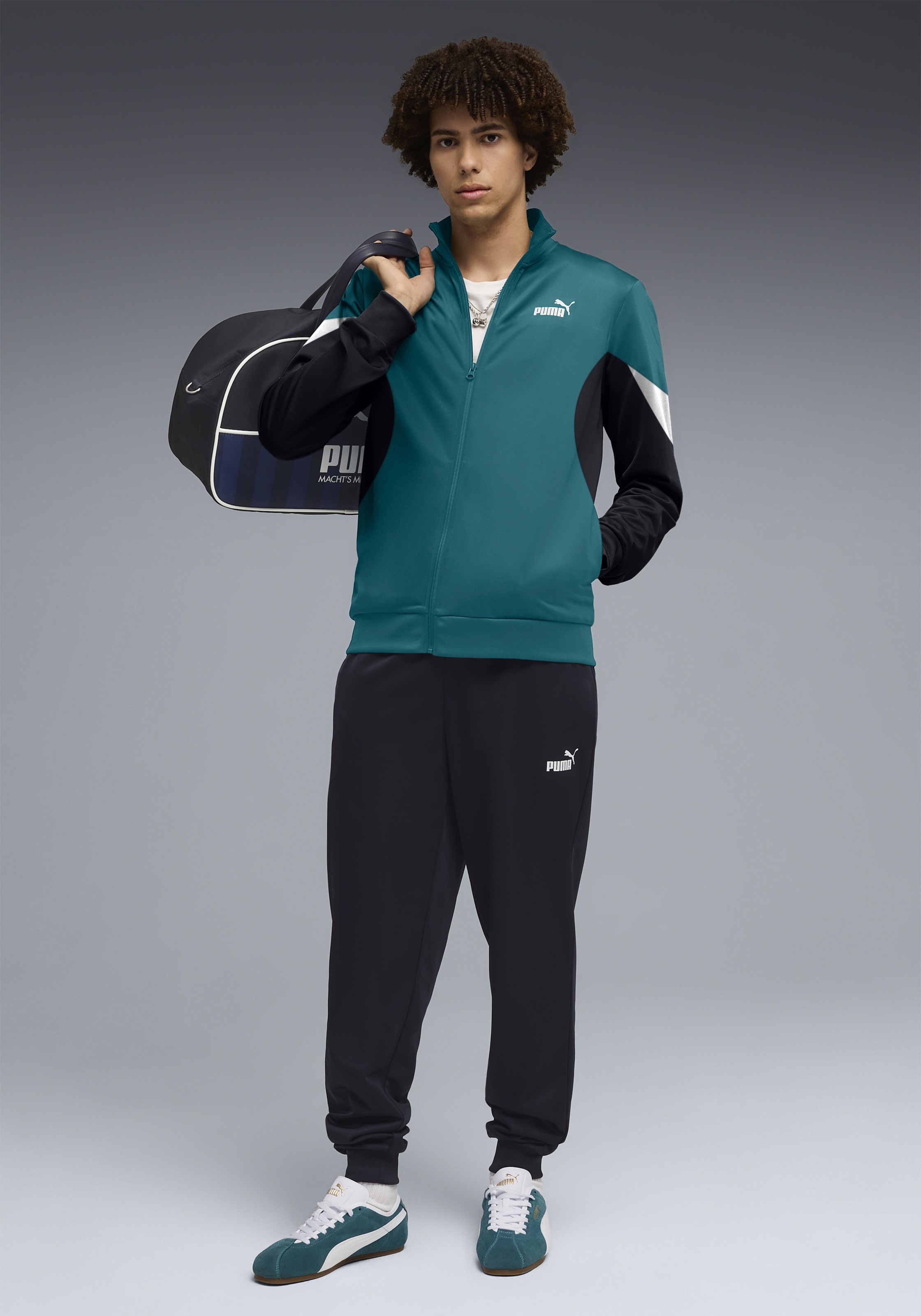 PUMA Trainingsanzug »ESS BLOCK POLY SUIT« 2 tlg. ohne Kapuze, Regular Fit, pflegeleicht