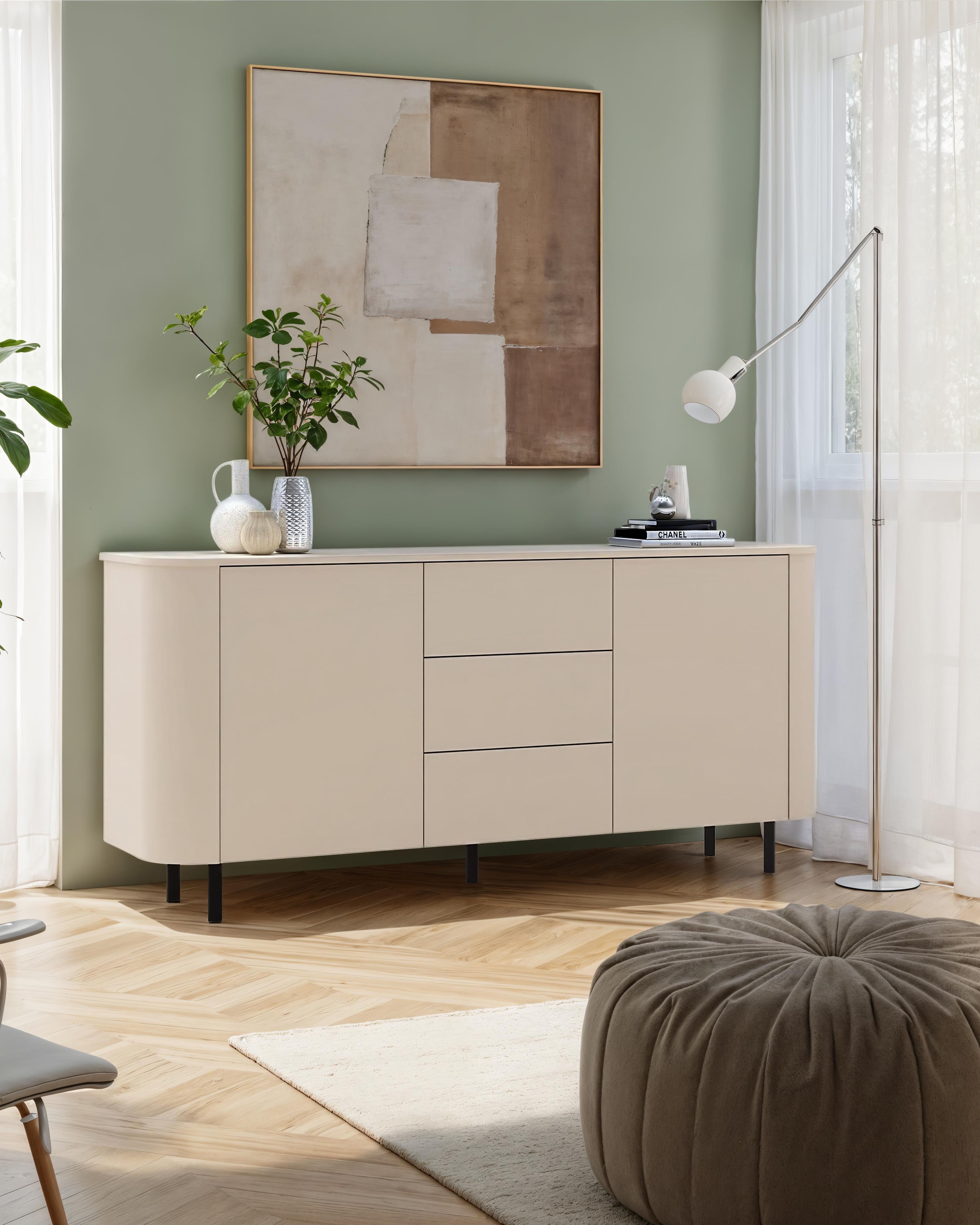 OTTO home Sideboard »Lido, 181 cm breit, 2 Türen, 3 Schubkästen, Kommode, Stauraumschrank« Formgebogenes MDF, Stirnseiten mit Rundung, Push-to-open, Metallfüße