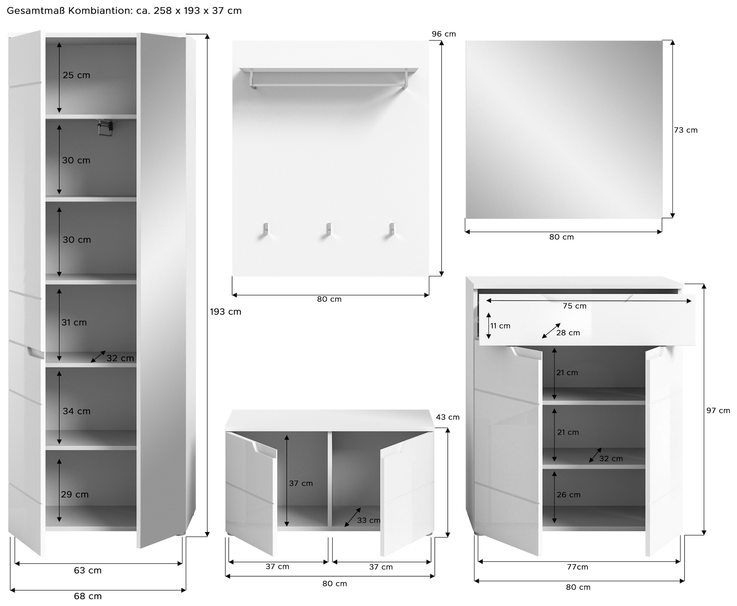 INOSIGN Garderoben-Set »CAPRI, 5-teilig, mit eingefasster Griffmulde, bestehend aus:«, (5 St.), Garderobenschrank, Sitzbank, Garderobenpaneel, Schuhkommode, Spiegel