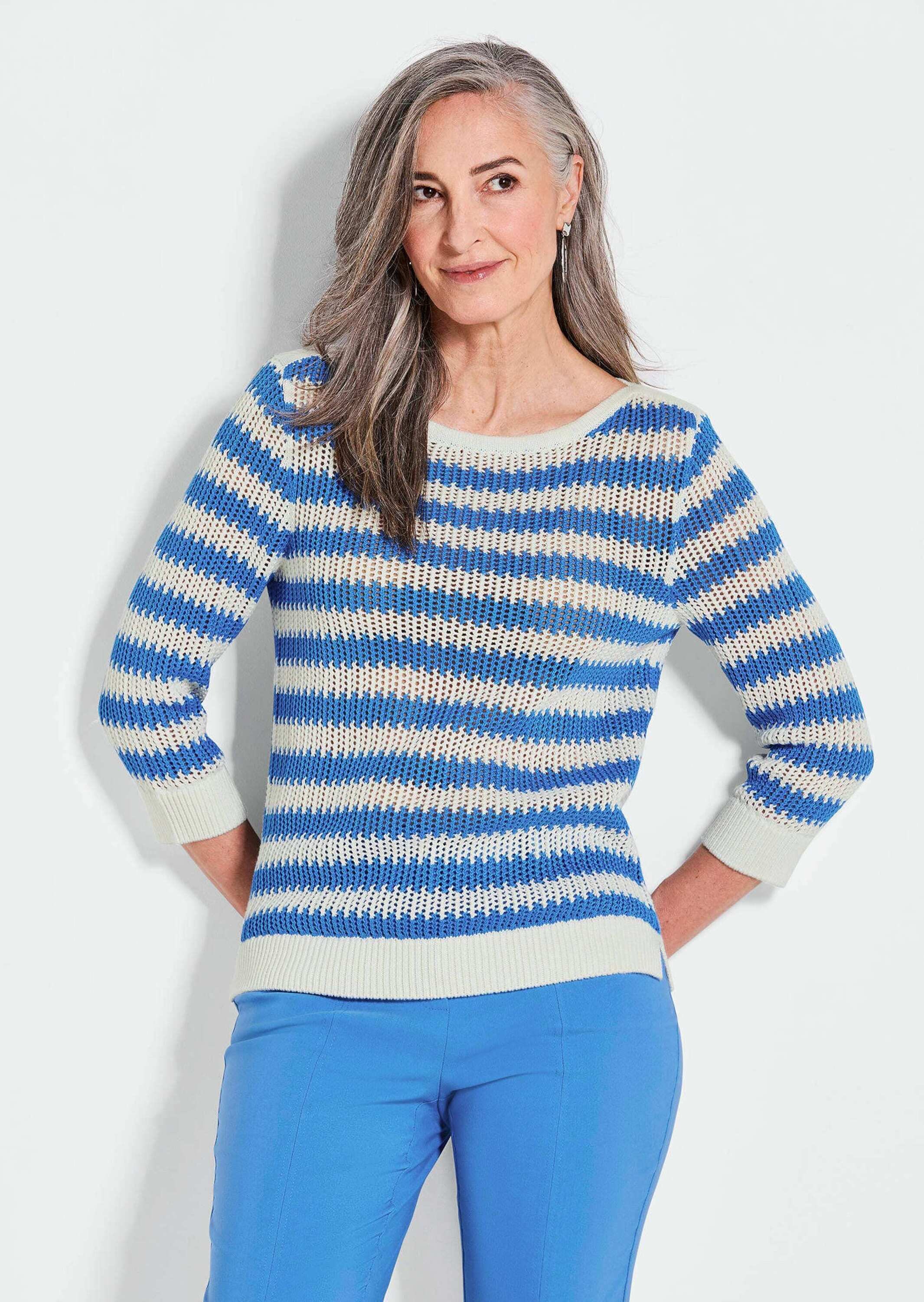 GOLDNER Strickpullover »Kurzgröße Halbarm Streifenstrick-Pullover«
